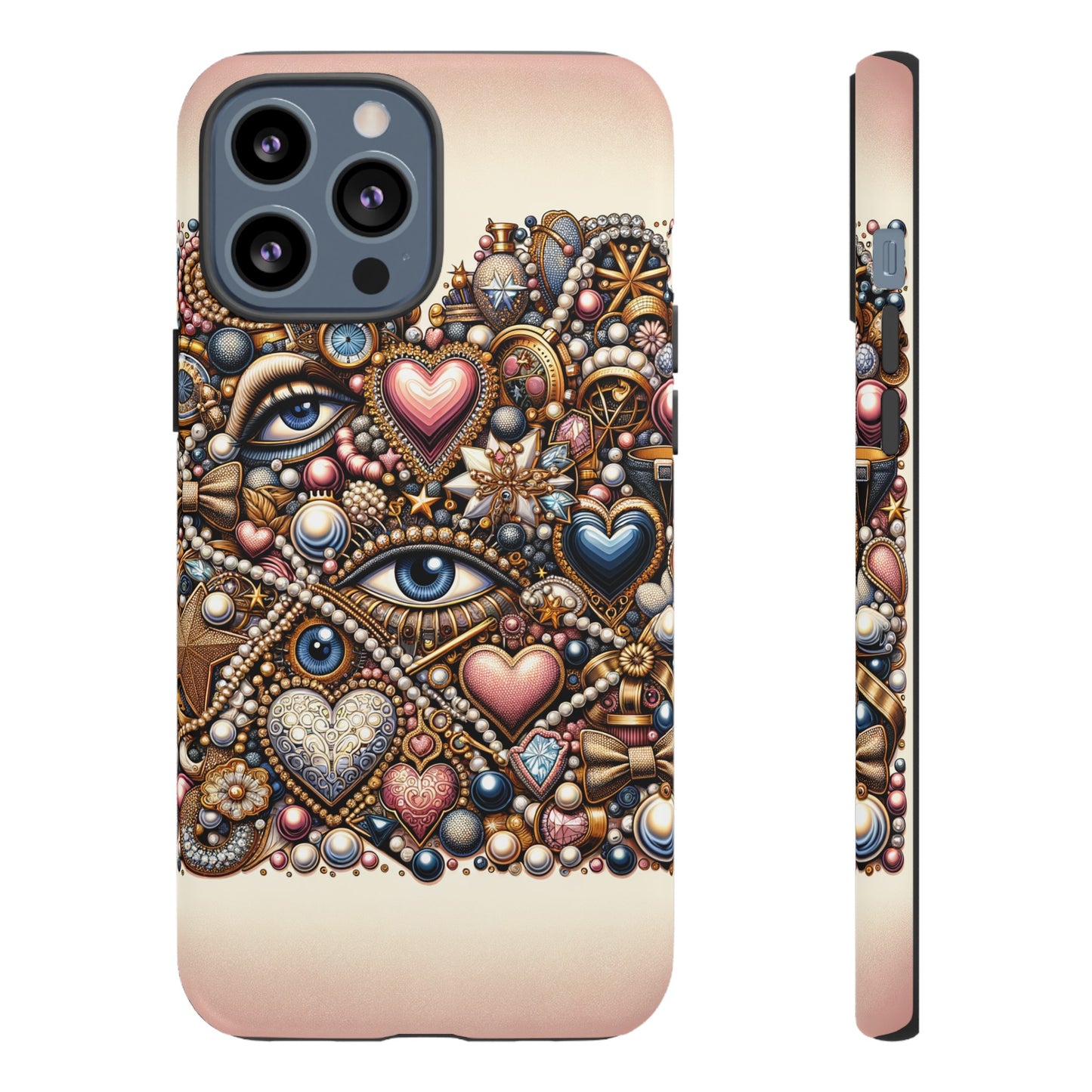 Whimsical Hearts Bows and Pearls Custom Phone Case with Gold Accents- Phone Case