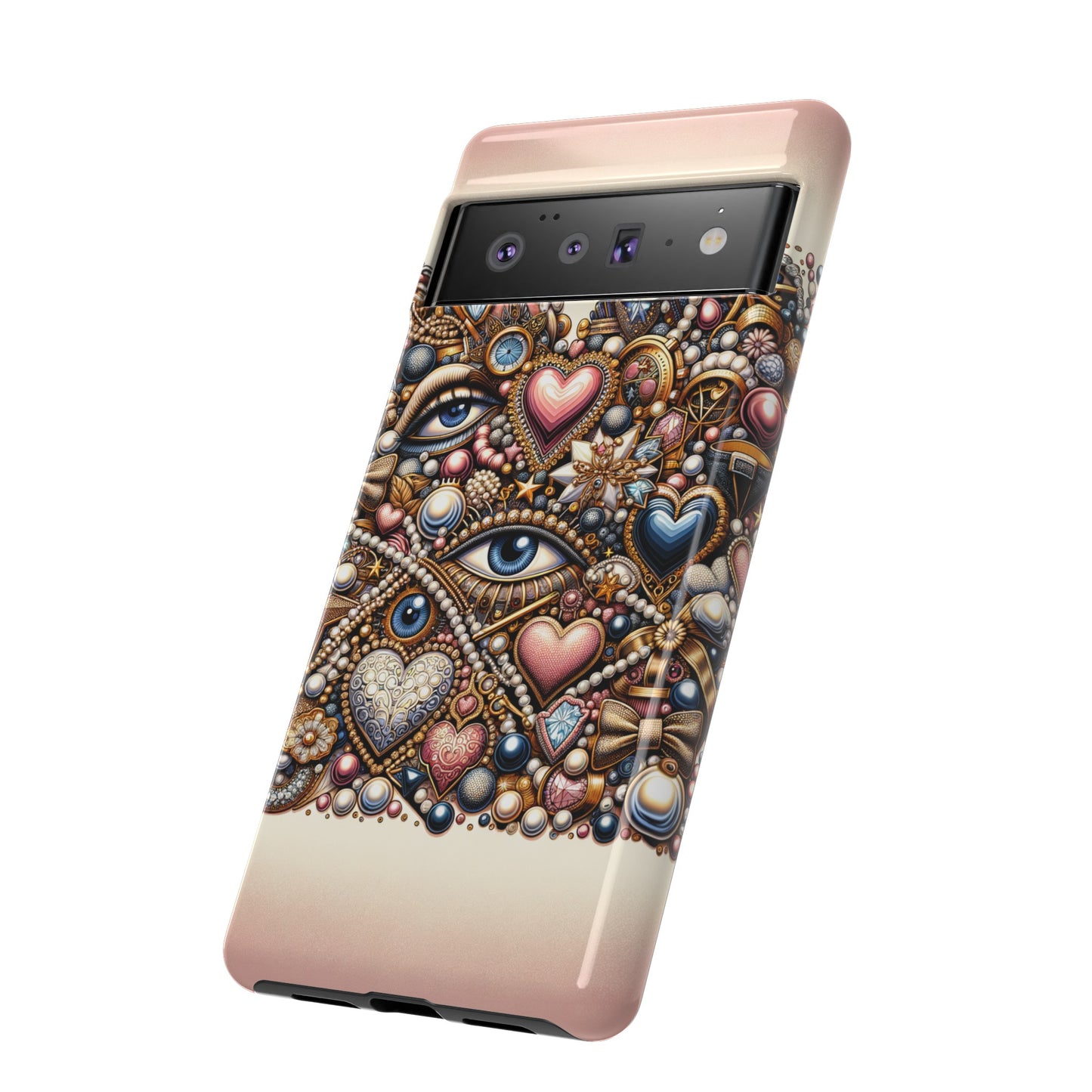 Whimsical Hearts Bows and Pearls Custom Phone Case with Gold Accents- Phone Case