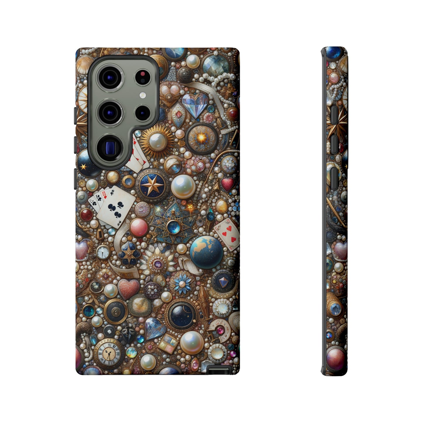 Celestial & Vintage Charms Mosaic Phone Case with Pearls and Gemstones- Phone Case