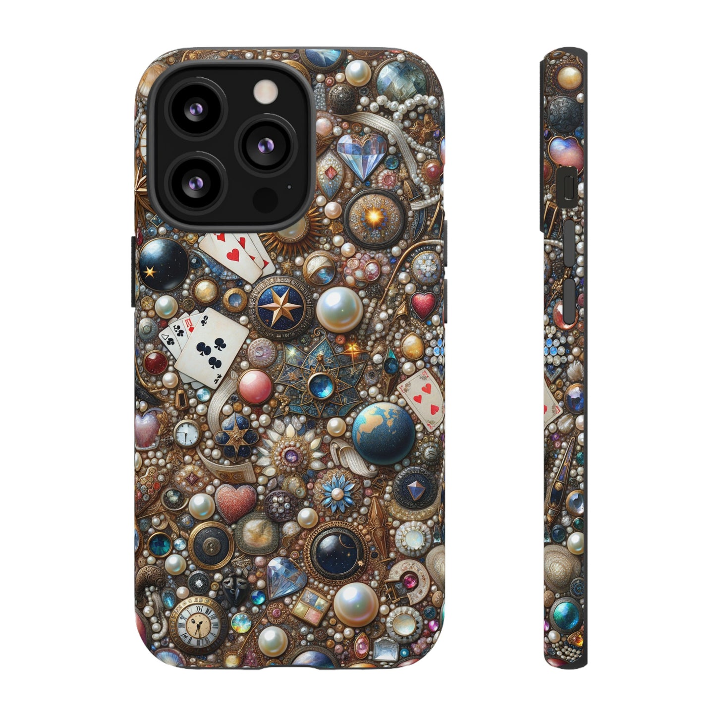 Celestial & Vintage Charms Mosaic Phone Case with Pearls and Gemstones- Phone Case