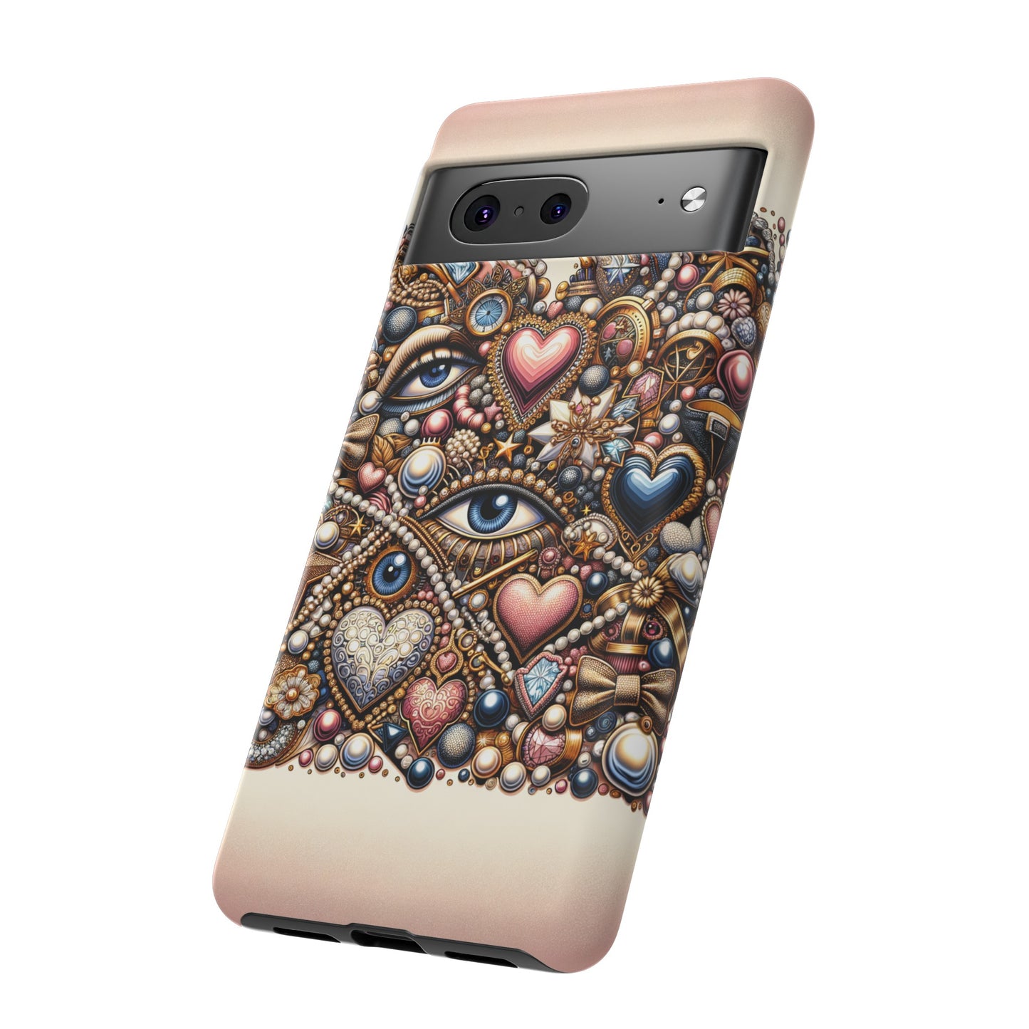 Whimsical Hearts Bows and Pearls Custom Phone Case with Gold Accents- Phone Case