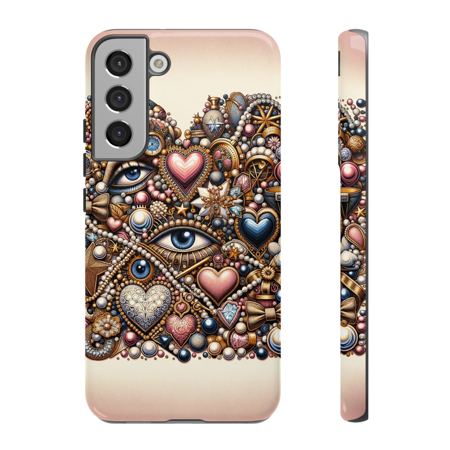 Whimsical Hearts Bows and Pearls Custom Phone Case with Gold Accents- Phone Case