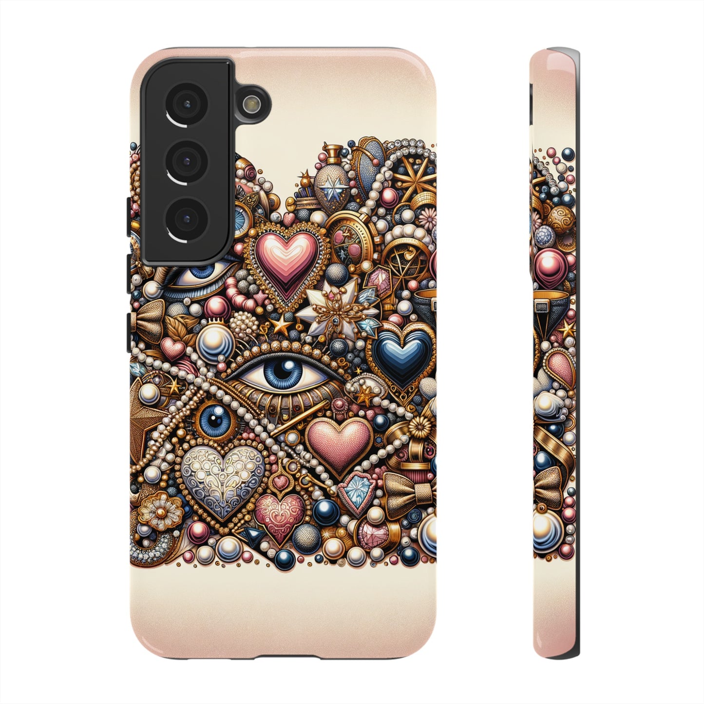 Whimsical Hearts Bows and Pearls Custom Phone Case with Gold Accents- Phone Case