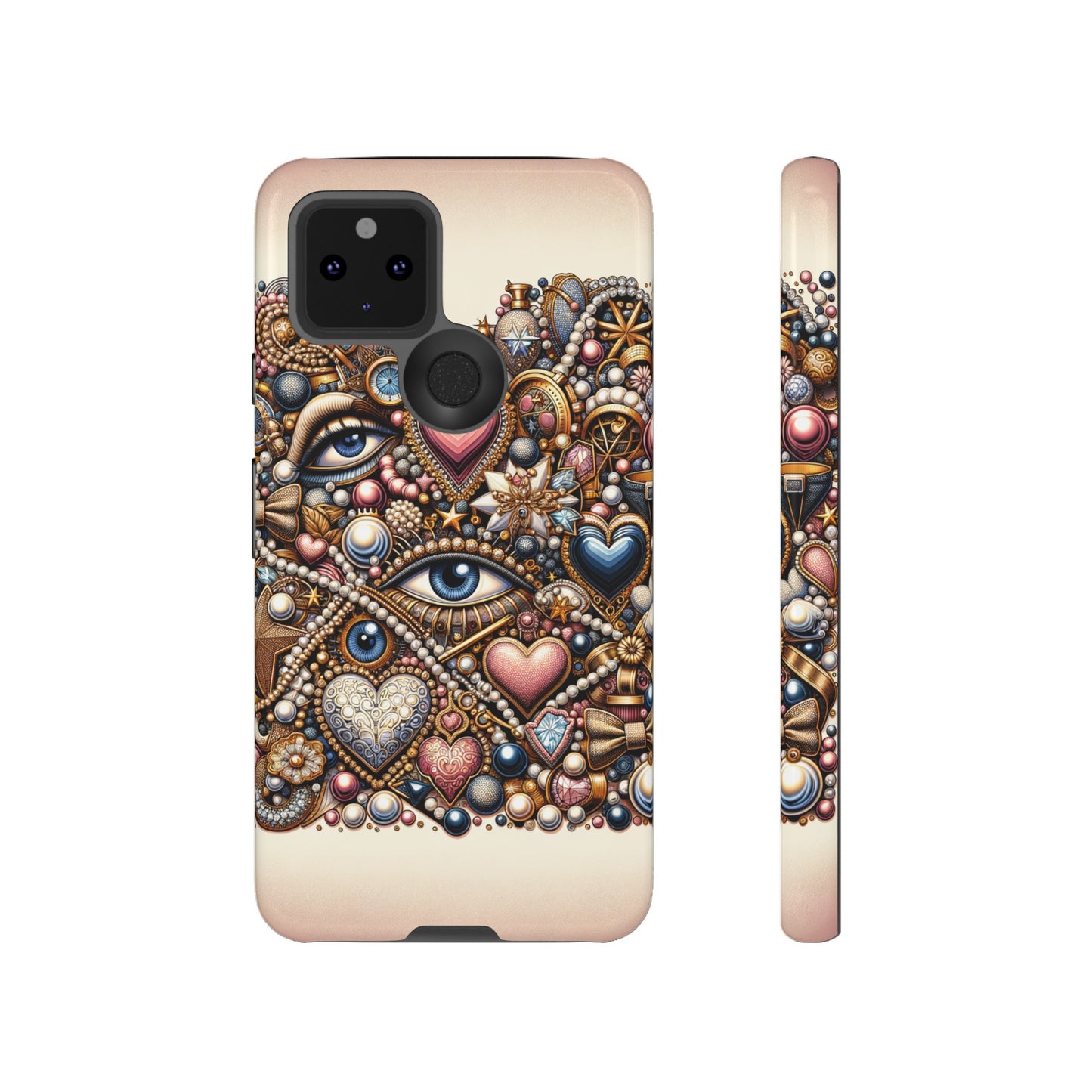 Whimsical Hearts Bows and Pearls Custom Phone Case with Gold Accents- Phone Case