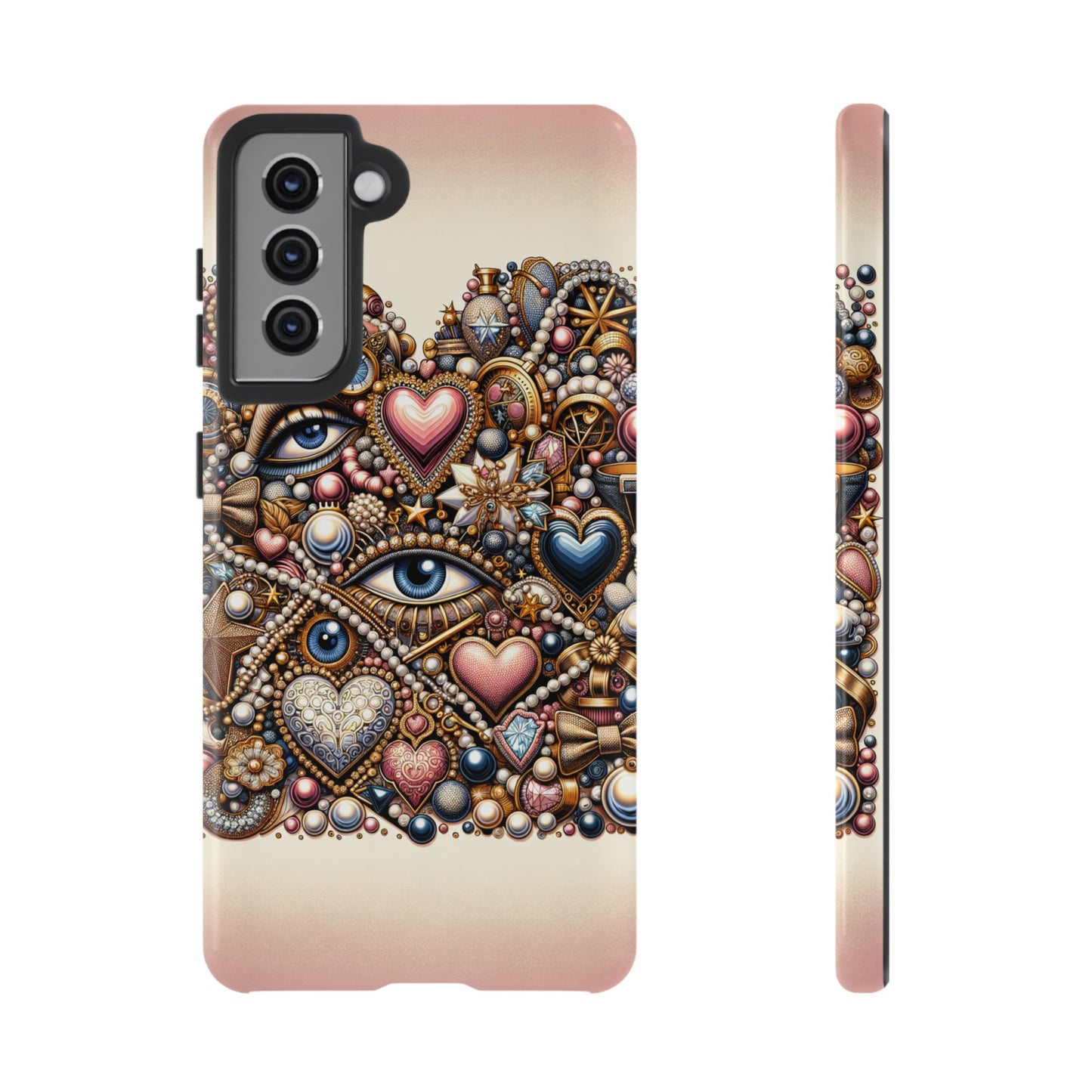 Whimsical Hearts Bows and Pearls Custom Phone Case with Gold Accents- Phone Case