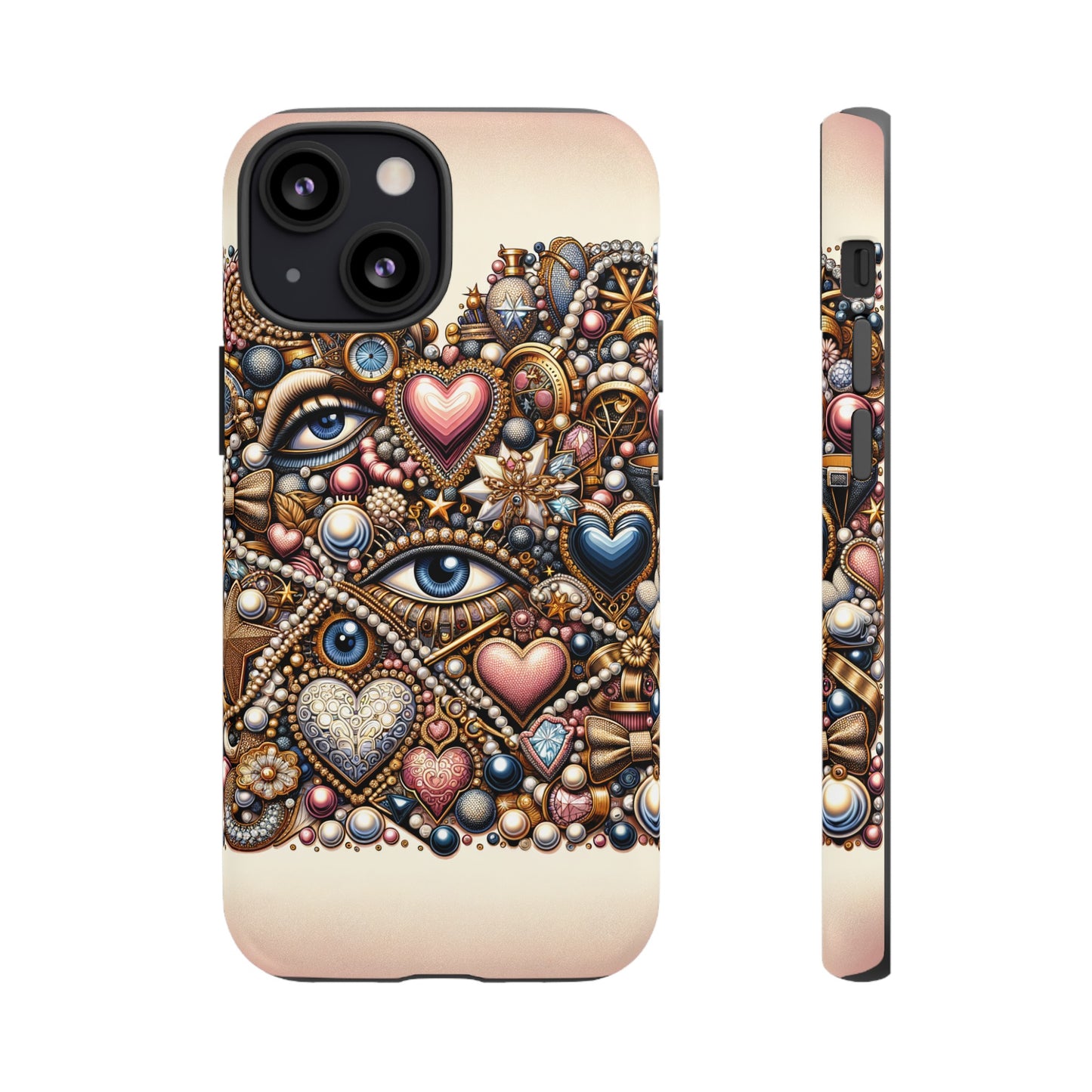 Whimsical Hearts Bows and Pearls Custom Phone Case with Gold Accents- Phone Case