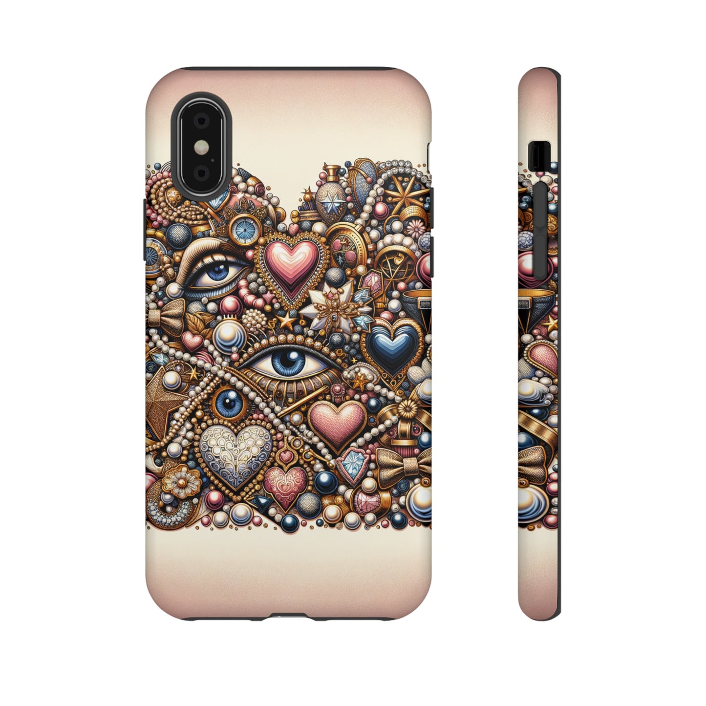 Whimsical Hearts Bows and Pearls Custom Phone Case with Gold Accents- Phone Case