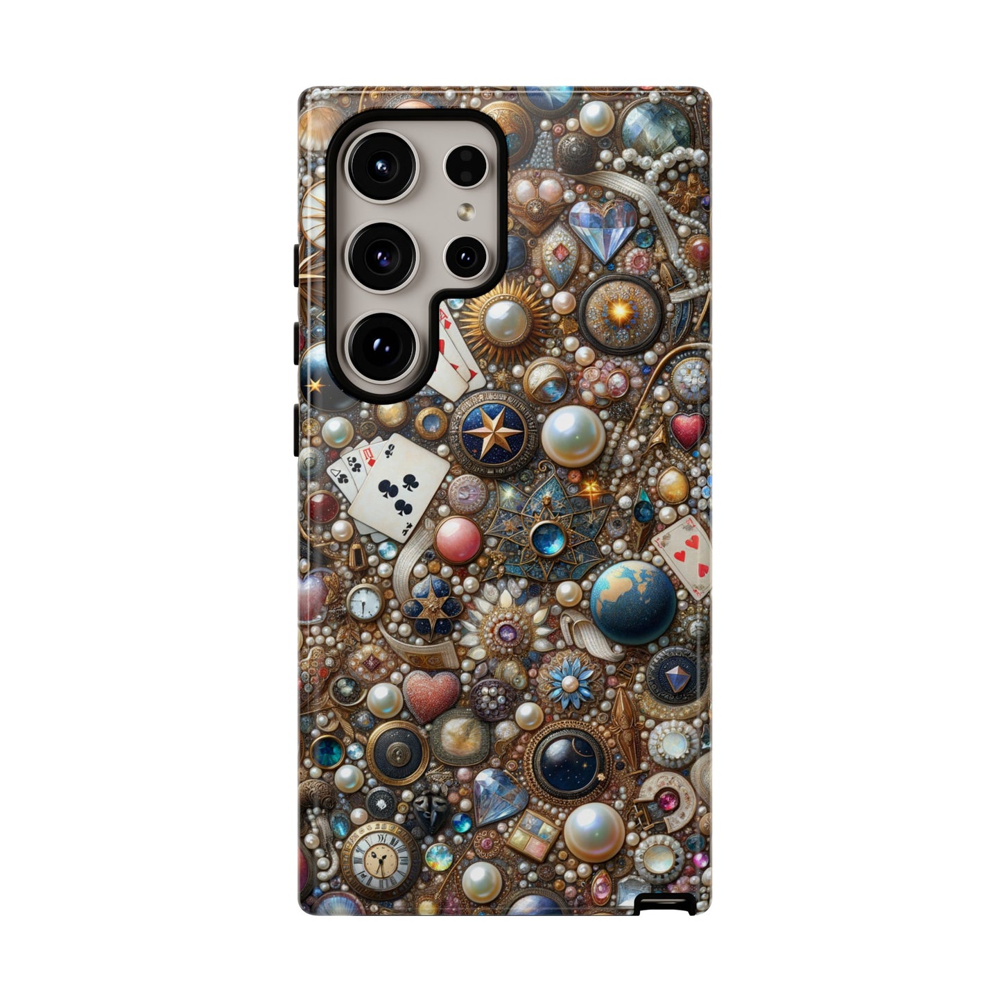 Celestial & Vintage Charms Mosaic Phone Case with Pearls and Gemstones- Phone Case