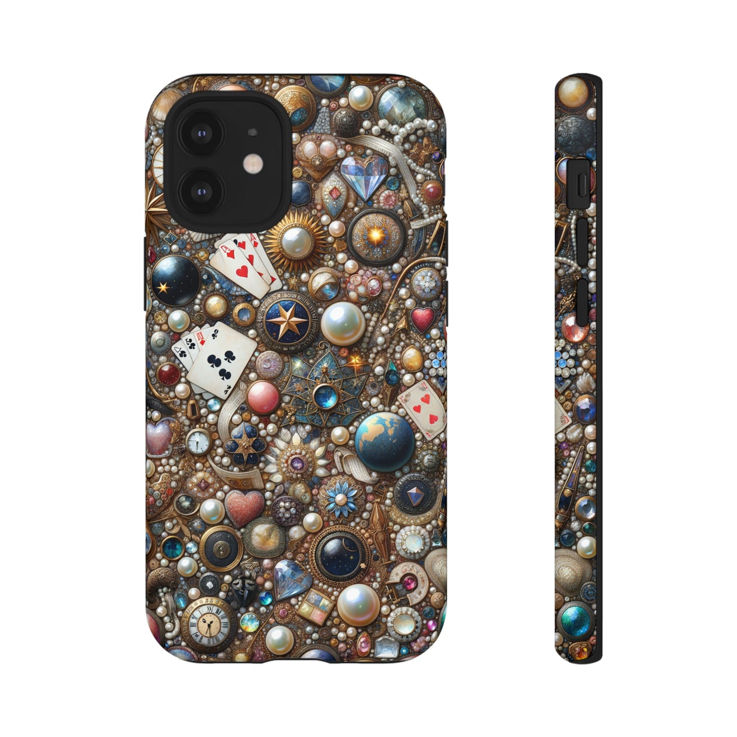 Celestial & Vintage Charms Mosaic Phone Case with Pearls and Gemstones- Phone Case