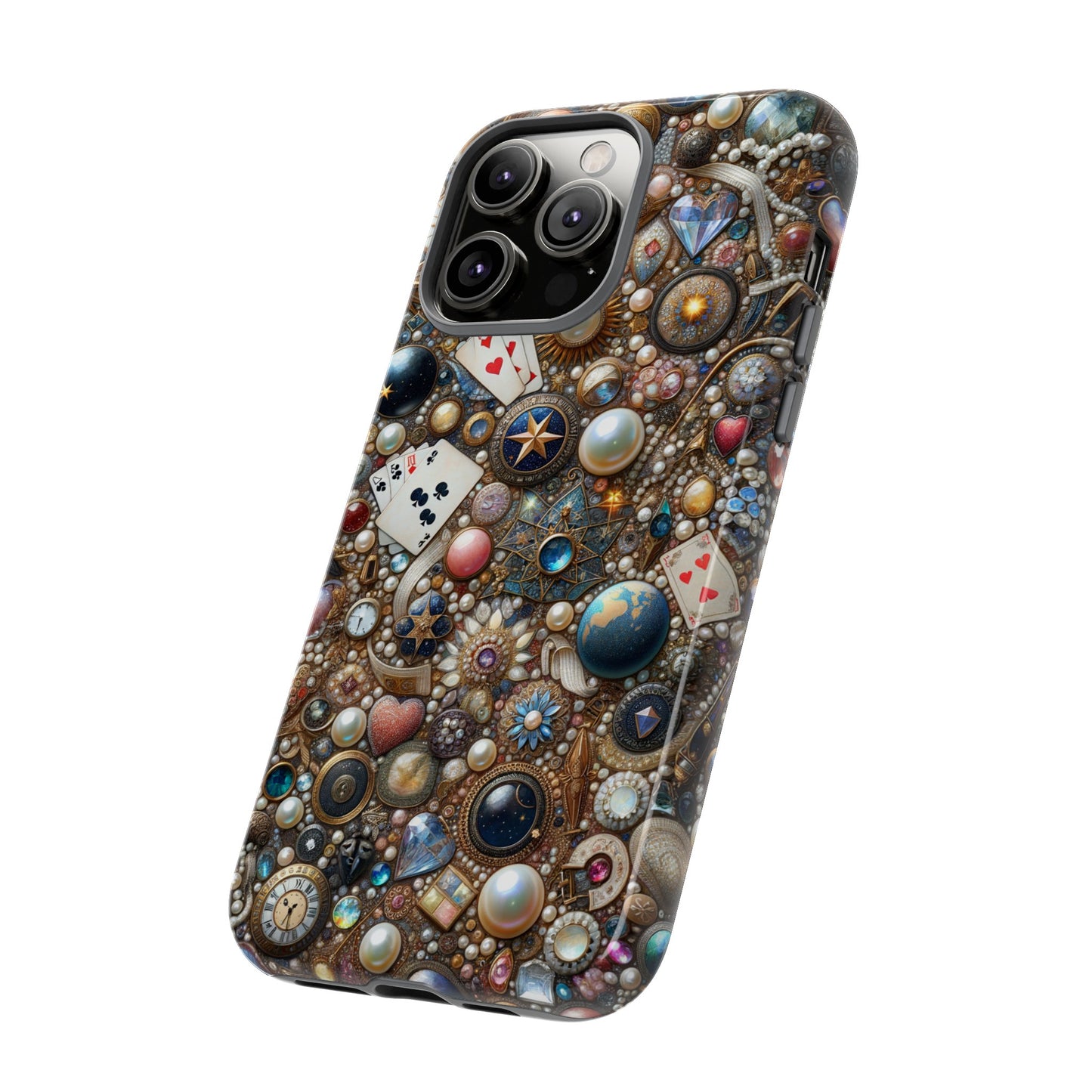 Celestial & Vintage Charms Mosaic Phone Case with Pearls and Gemstones- Phone Case