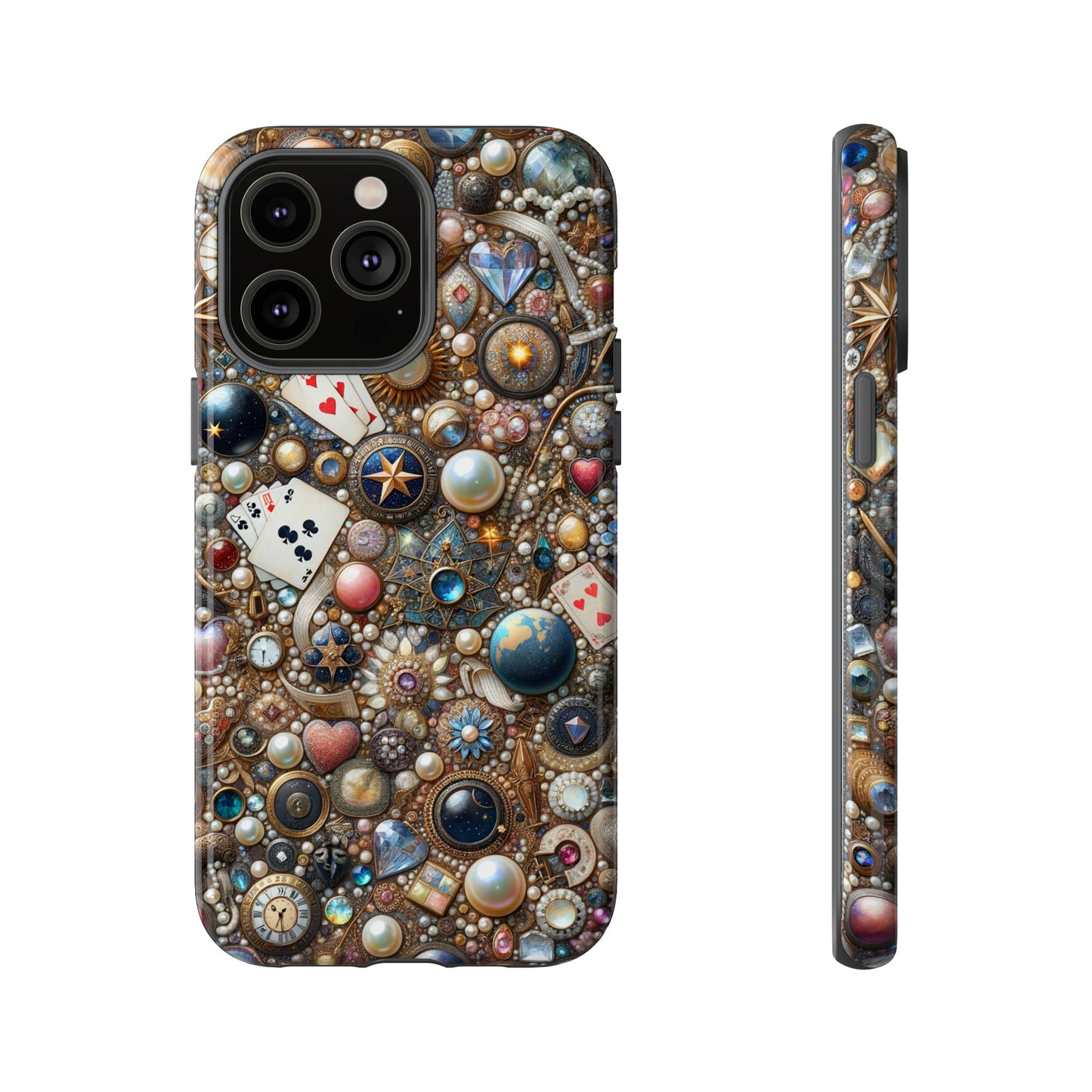 Celestial & Vintage Charms Mosaic Phone Case with Pearls and Gemstones- Phone Case