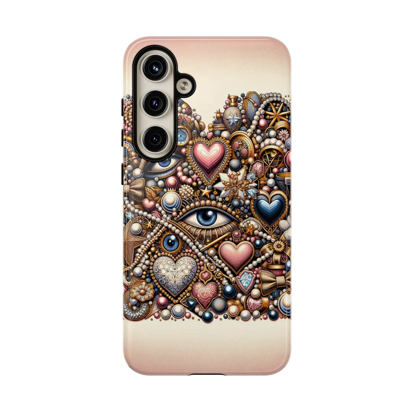 Whimsical Hearts Bows and Pearls Custom Phone Case with Gold Accents- Phone Case