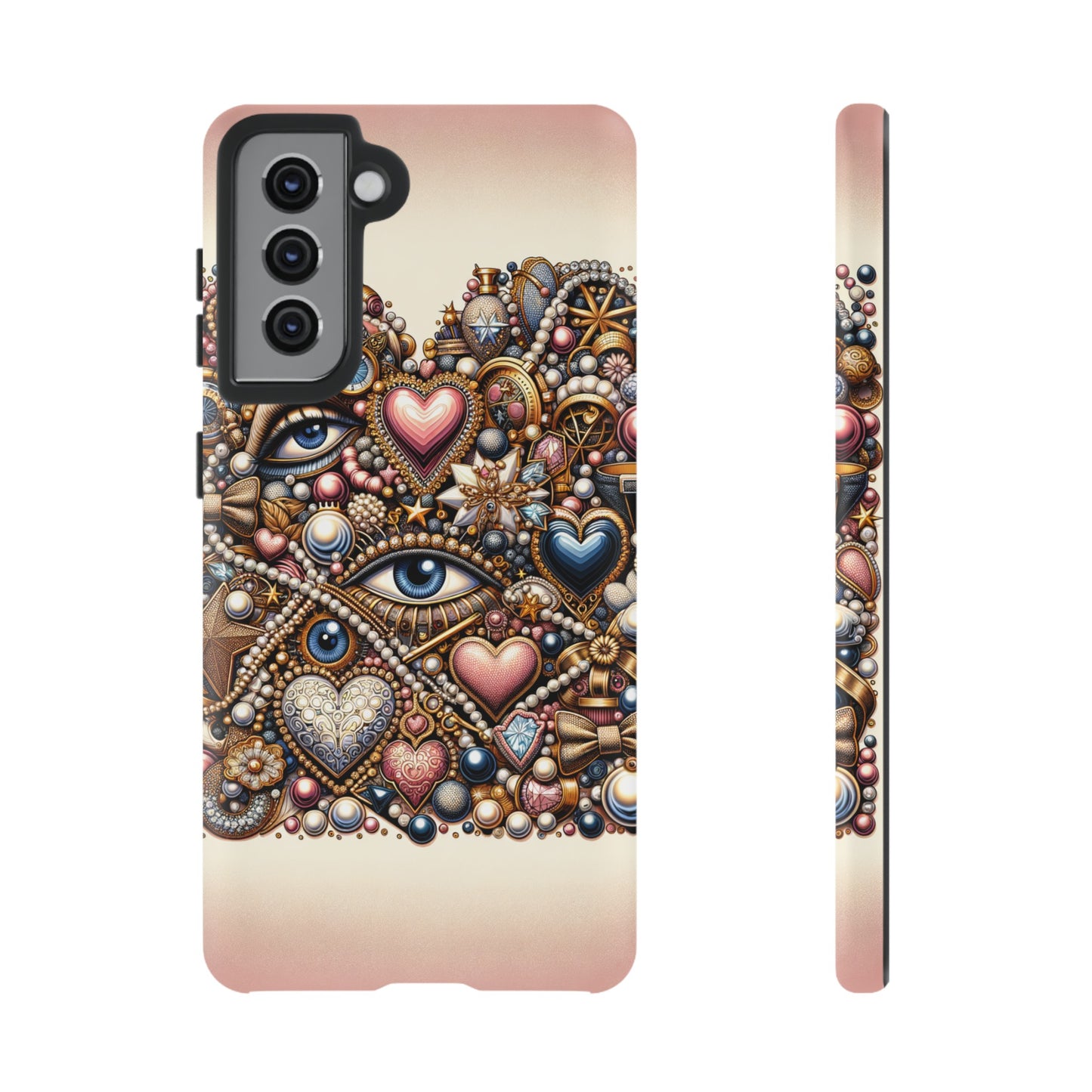 Whimsical Hearts Bows and Pearls Custom Phone Case with Gold Accents- Phone Case