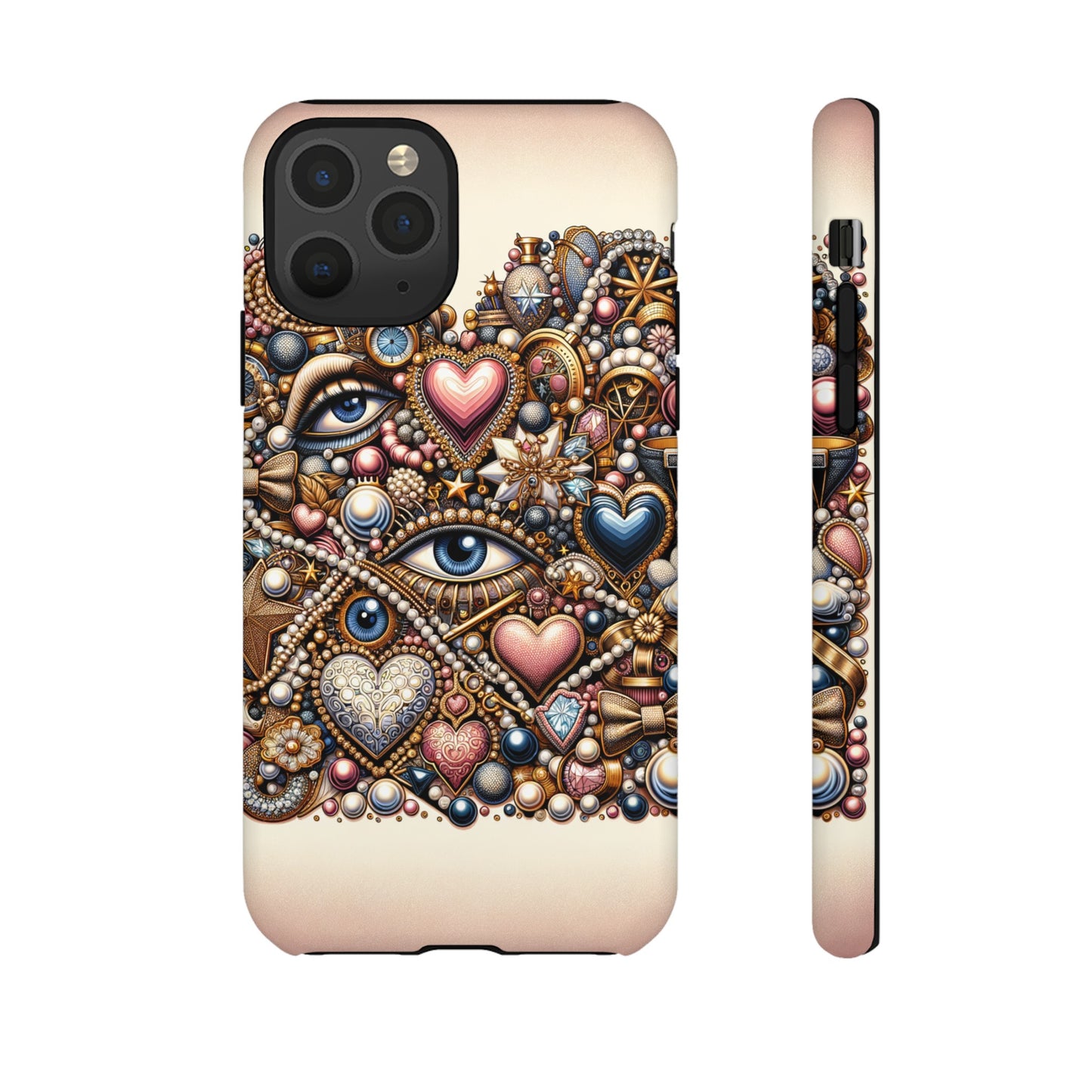 Whimsical Hearts Bows and Pearls Custom Phone Case with Gold Accents- Phone Case