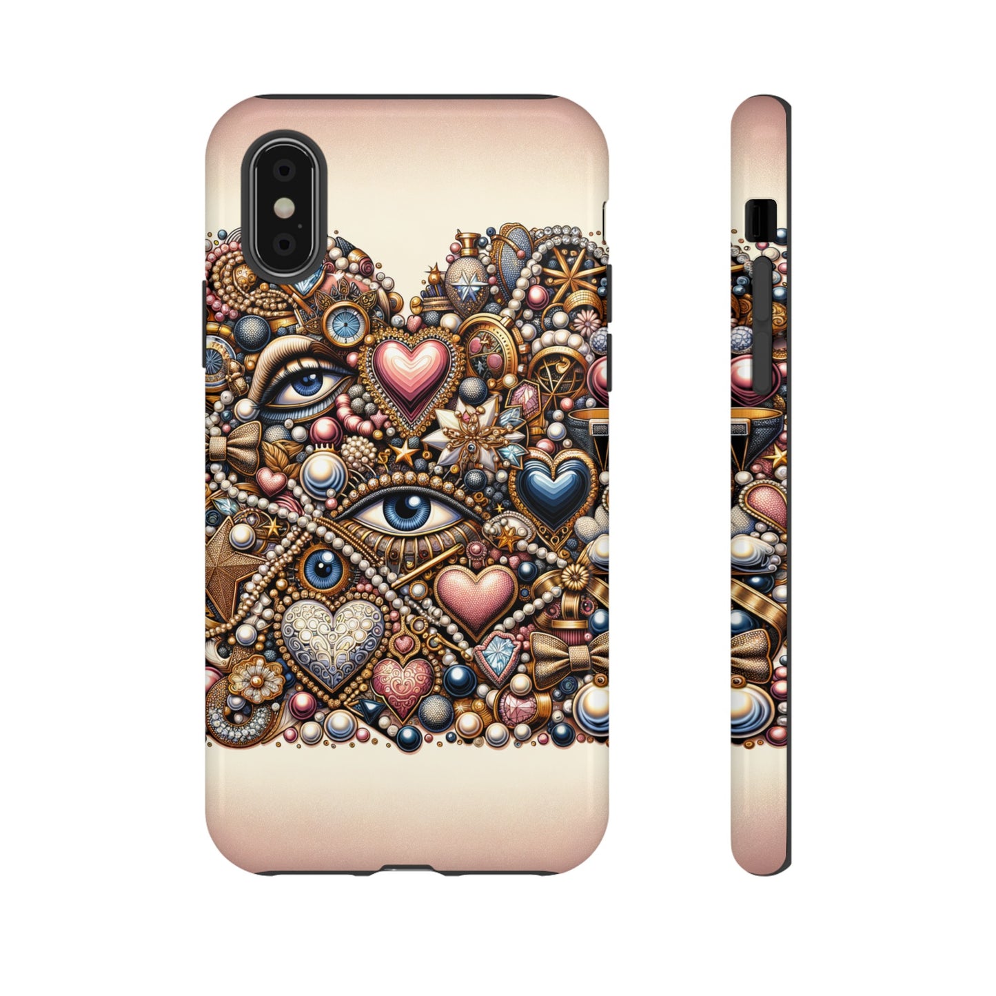 Whimsical Hearts Bows and Pearls Custom Phone Case with Gold Accents- Phone Case