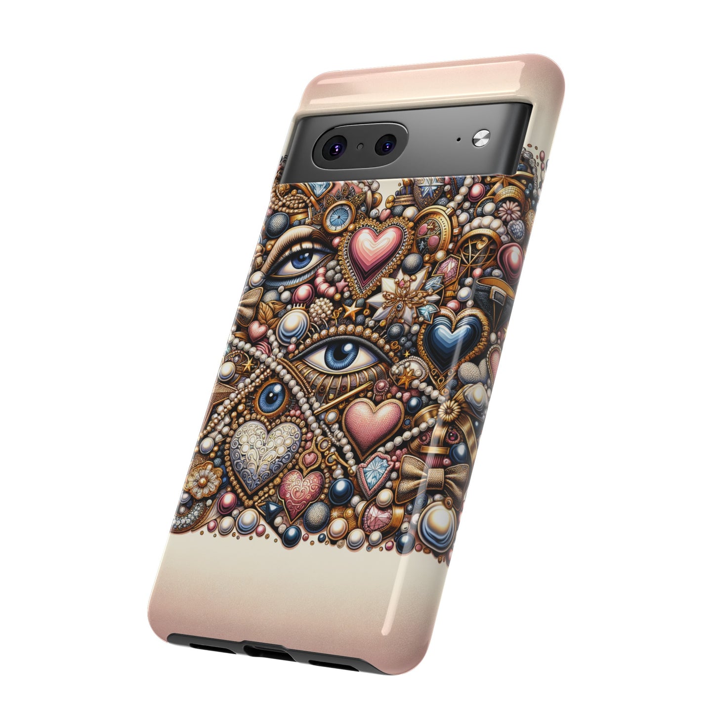 Whimsical Hearts Bows and Pearls Custom Phone Case with Gold Accents- Phone Case