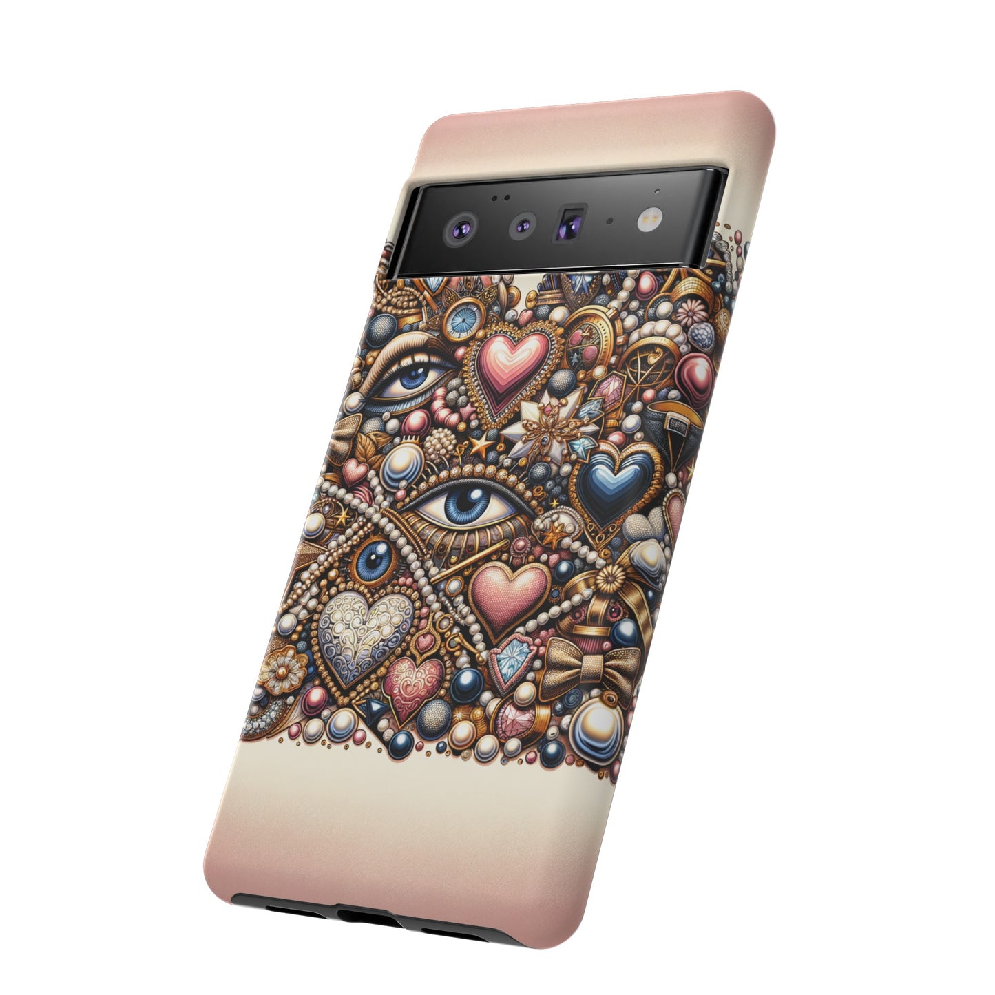 Whimsical Hearts Bows and Pearls Custom Phone Case with Gold Accents- Phone Case