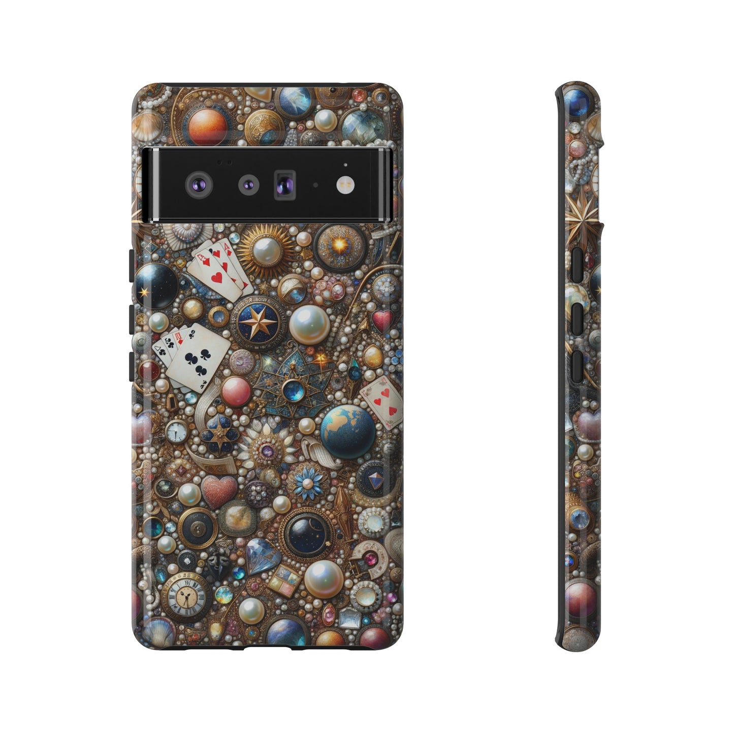 Celestial & Vintage Charms Mosaic Phone Case with Pearls and Gemstones- Phone Case