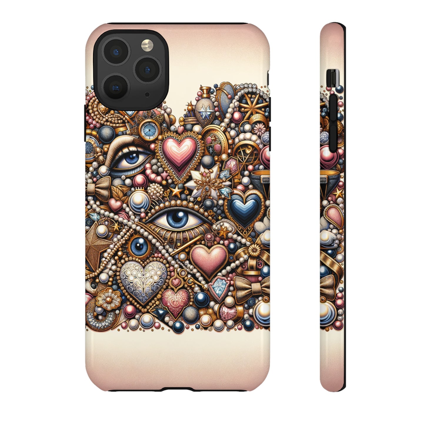 Whimsical Hearts Bows and Pearls Custom Phone Case with Gold Accents- Phone Case