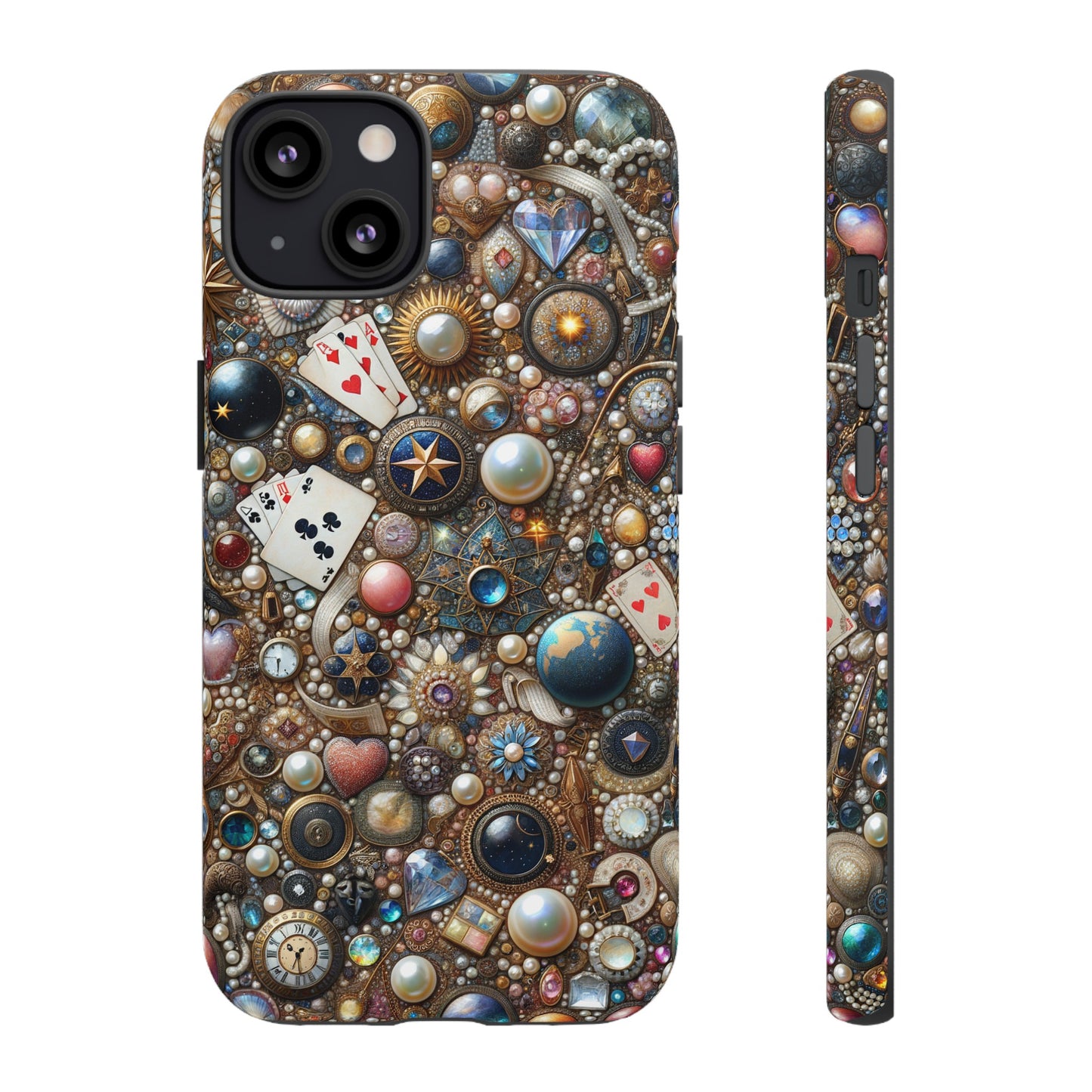 Celestial & Vintage Charms Mosaic Phone Case with Pearls and Gemstones- Phone Case