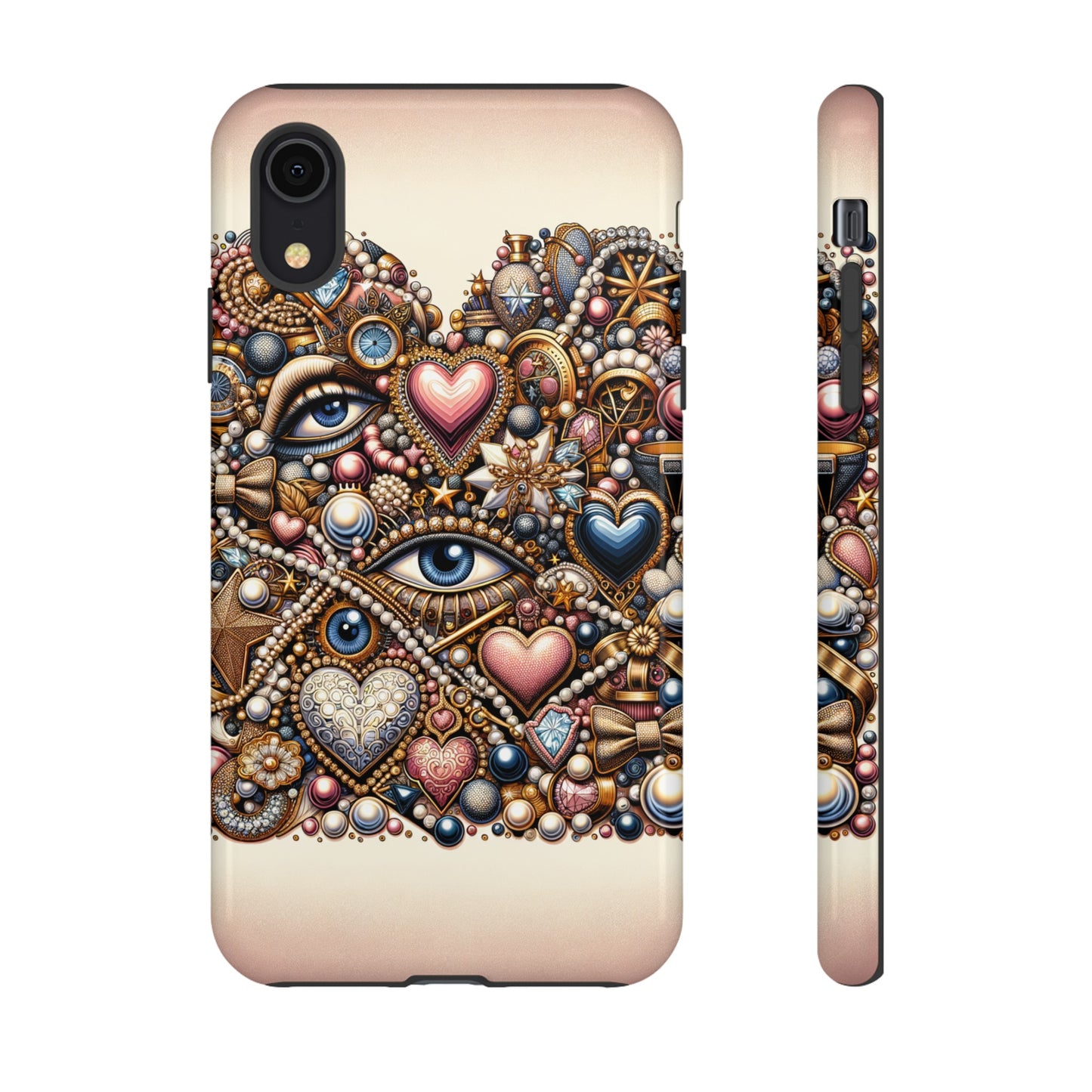 Whimsical Hearts Bows and Pearls Custom Phone Case with Gold Accents- Phone Case