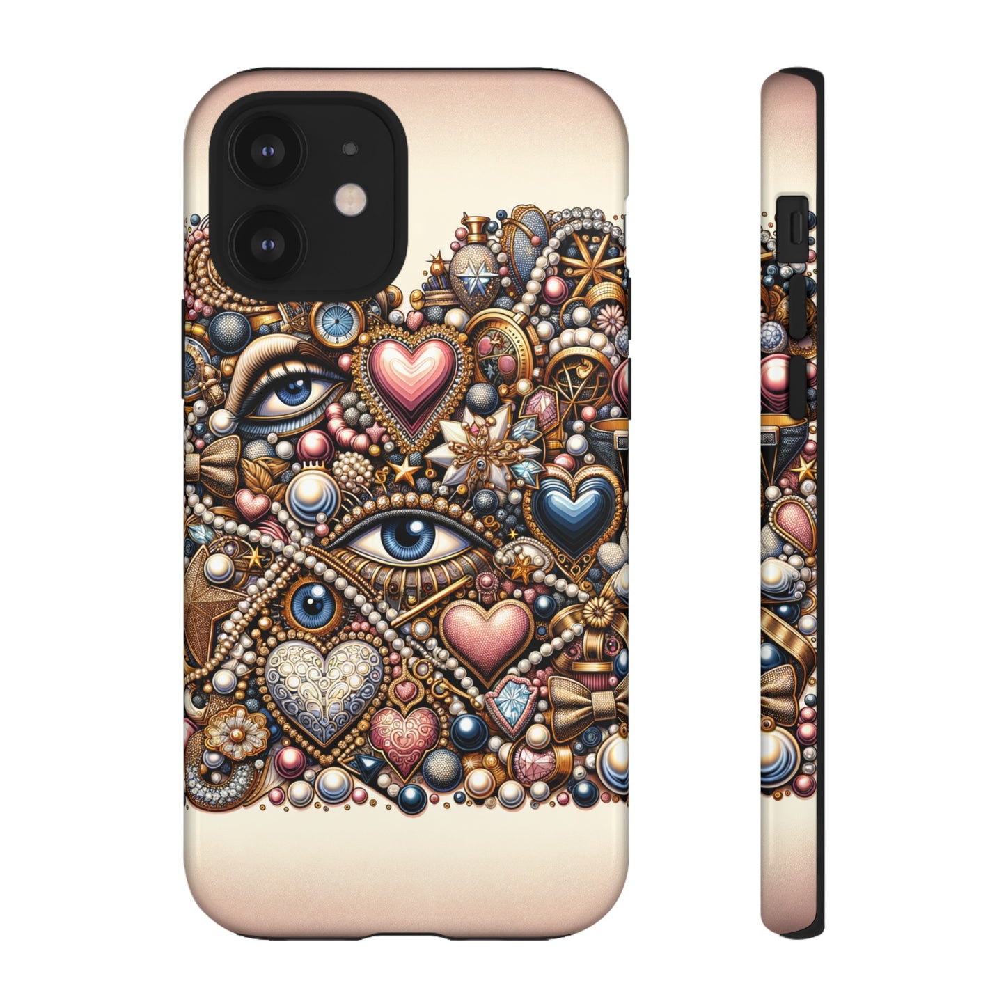 Whimsical Hearts Bows and Pearls Custom Phone Case with Gold Accents- Phone Case