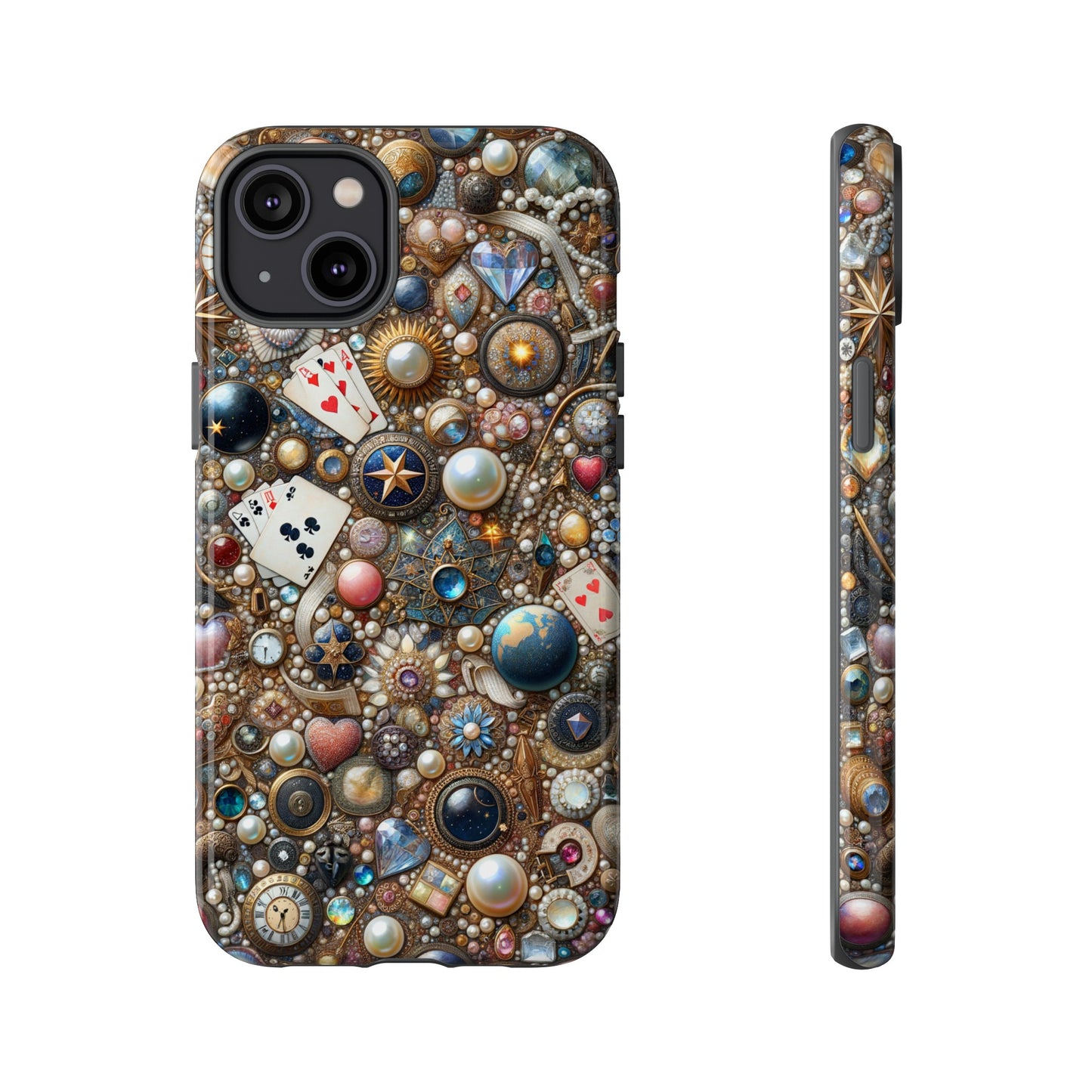 Celestial & Vintage Charms Mosaic Phone Case with Pearls and Gemstones- Phone Case