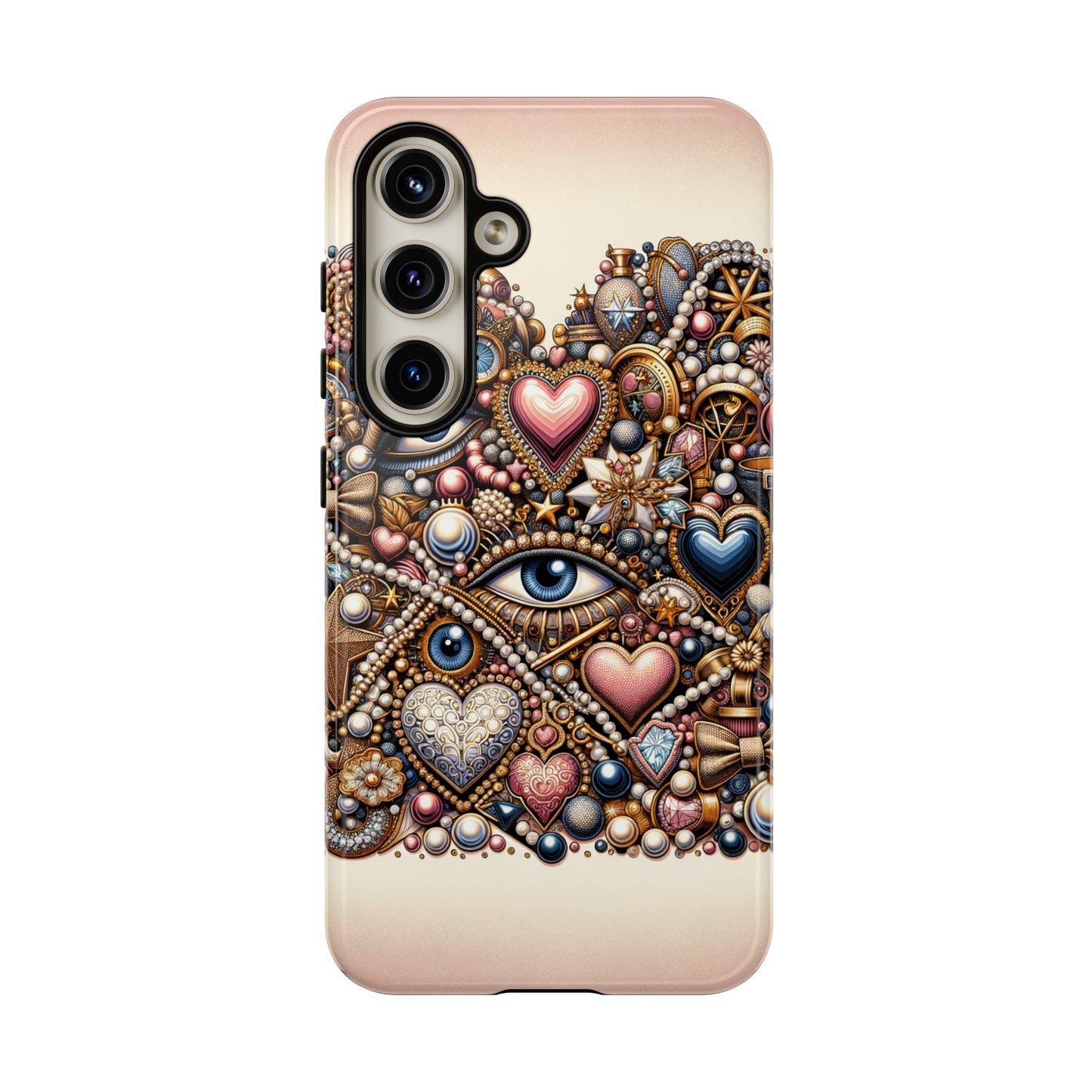 Whimsical Hearts Bows and Pearls Custom Phone Case with Gold Accents- Phone Case