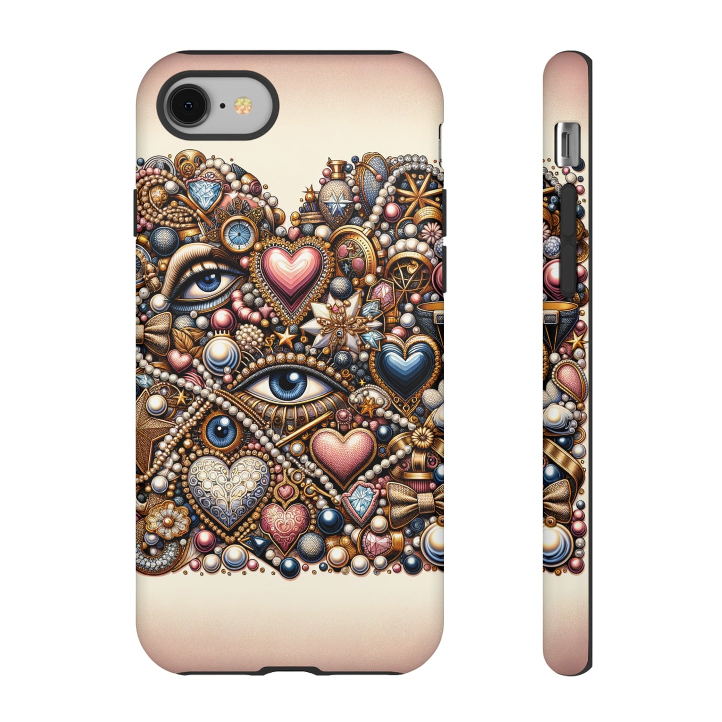 Whimsical Hearts Bows and Pearls Custom Phone Case with Gold Accents- Phone Case