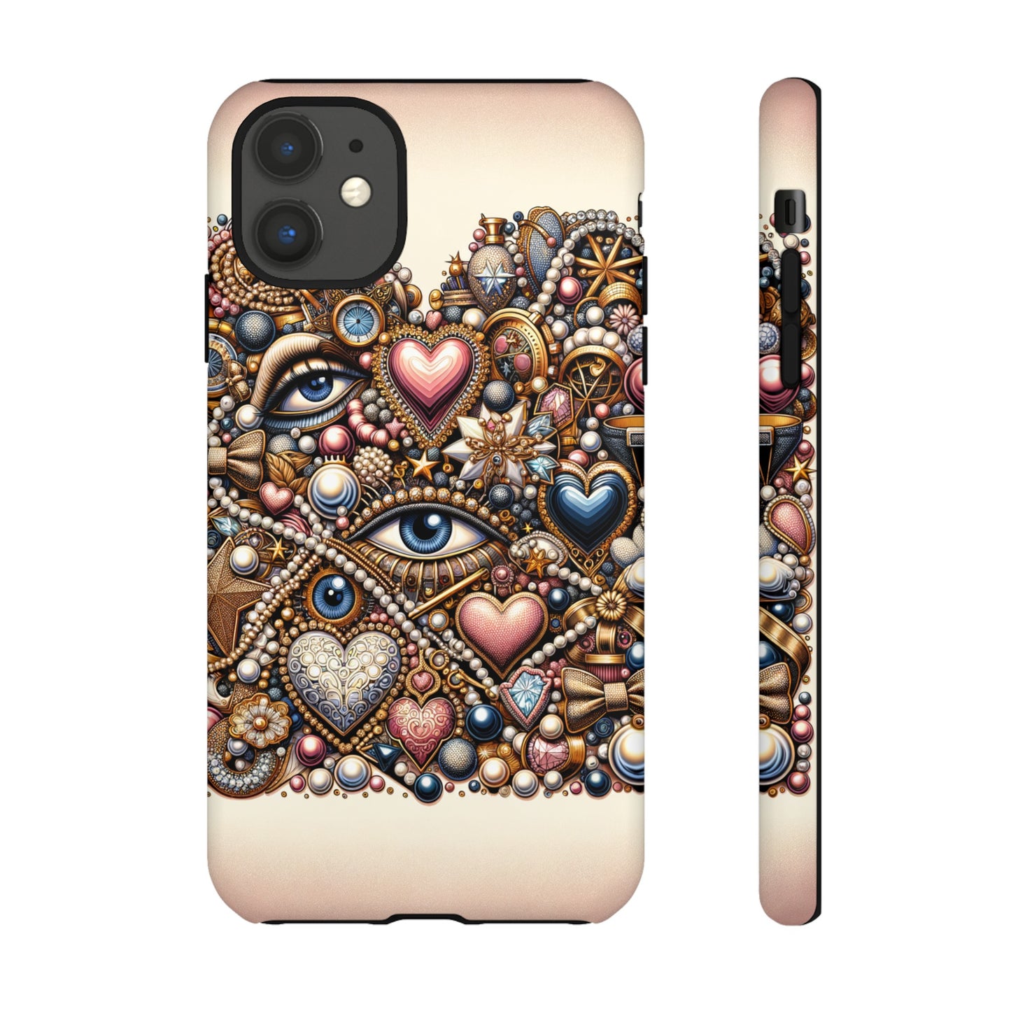 Whimsical Hearts Bows and Pearls Custom Phone Case with Gold Accents- Phone Case