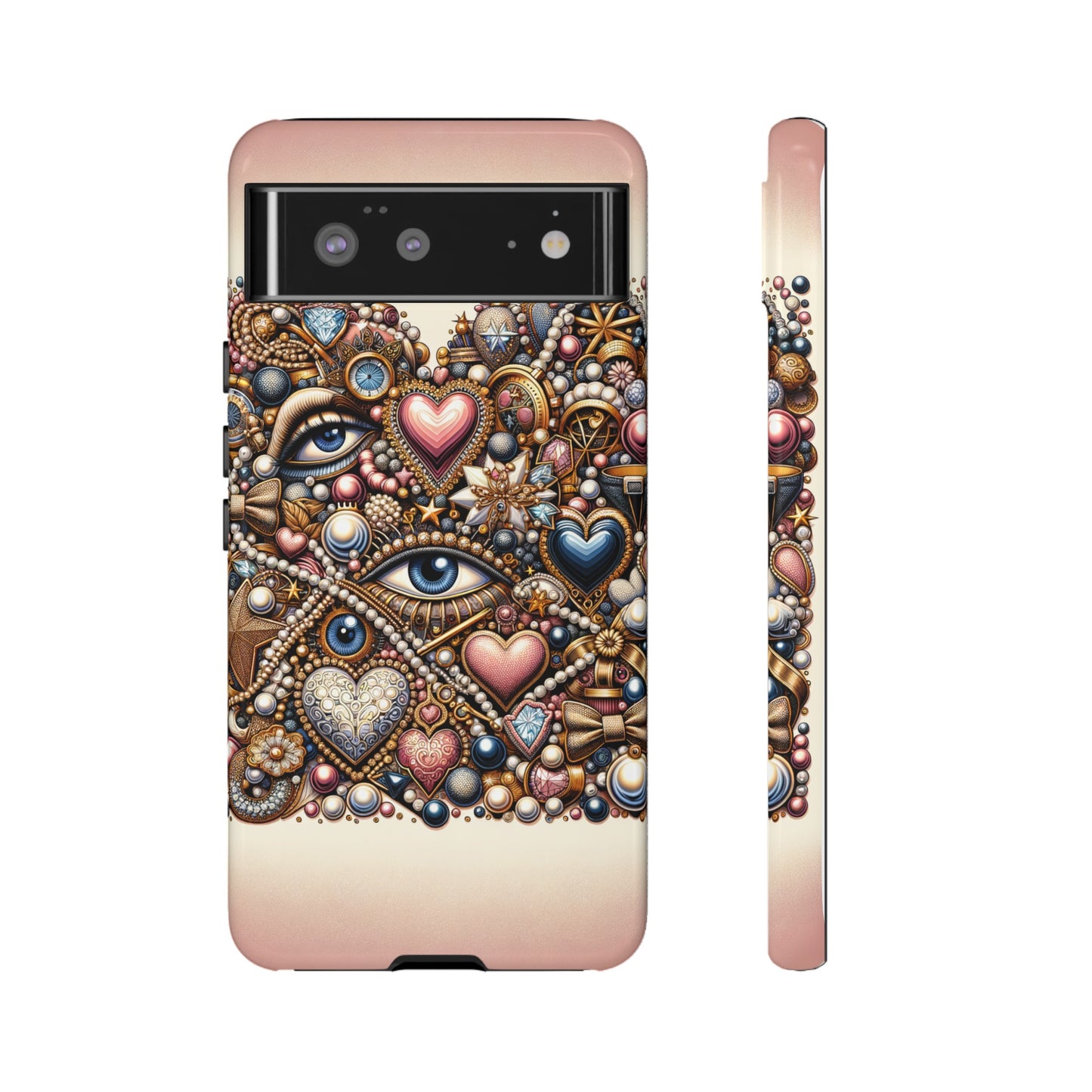 Whimsical Hearts Bows and Pearls Custom Phone Case with Gold Accents- Phone Case