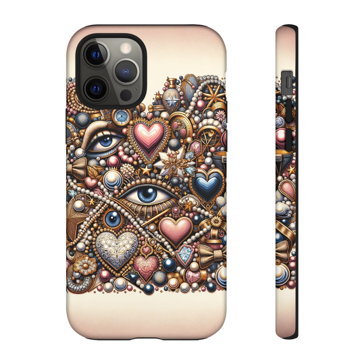 Whimsical Hearts Bows and Pearls Custom Phone Case with Gold Accents- Phone Case