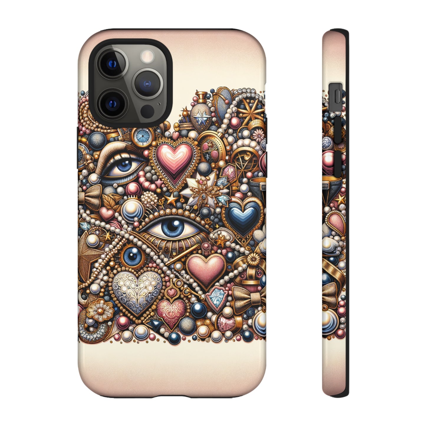 Whimsical Hearts Bows and Pearls Custom Phone Case with Gold Accents- Phone Case