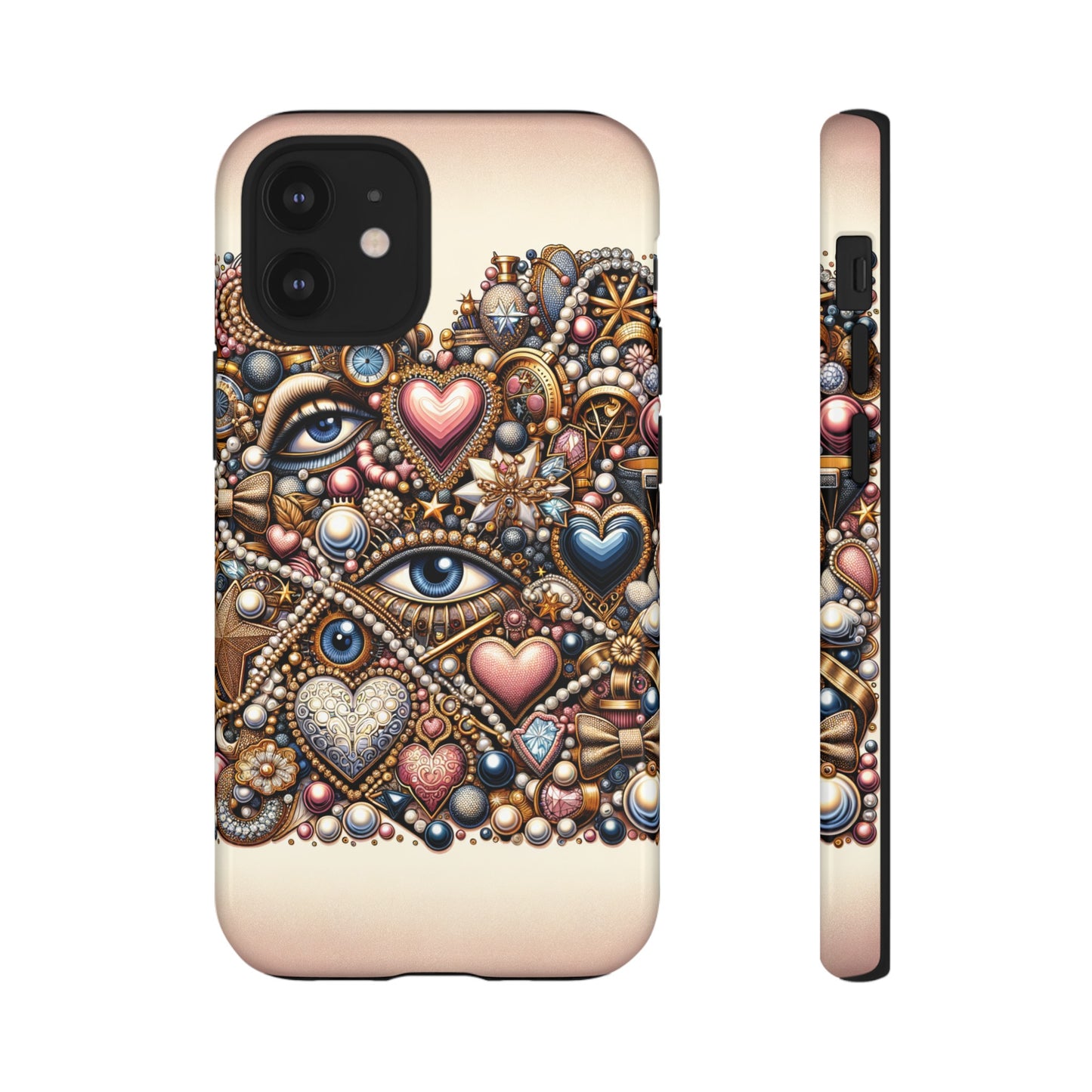 Whimsical Hearts Bows and Pearls Custom Phone Case with Gold Accents- Phone Case