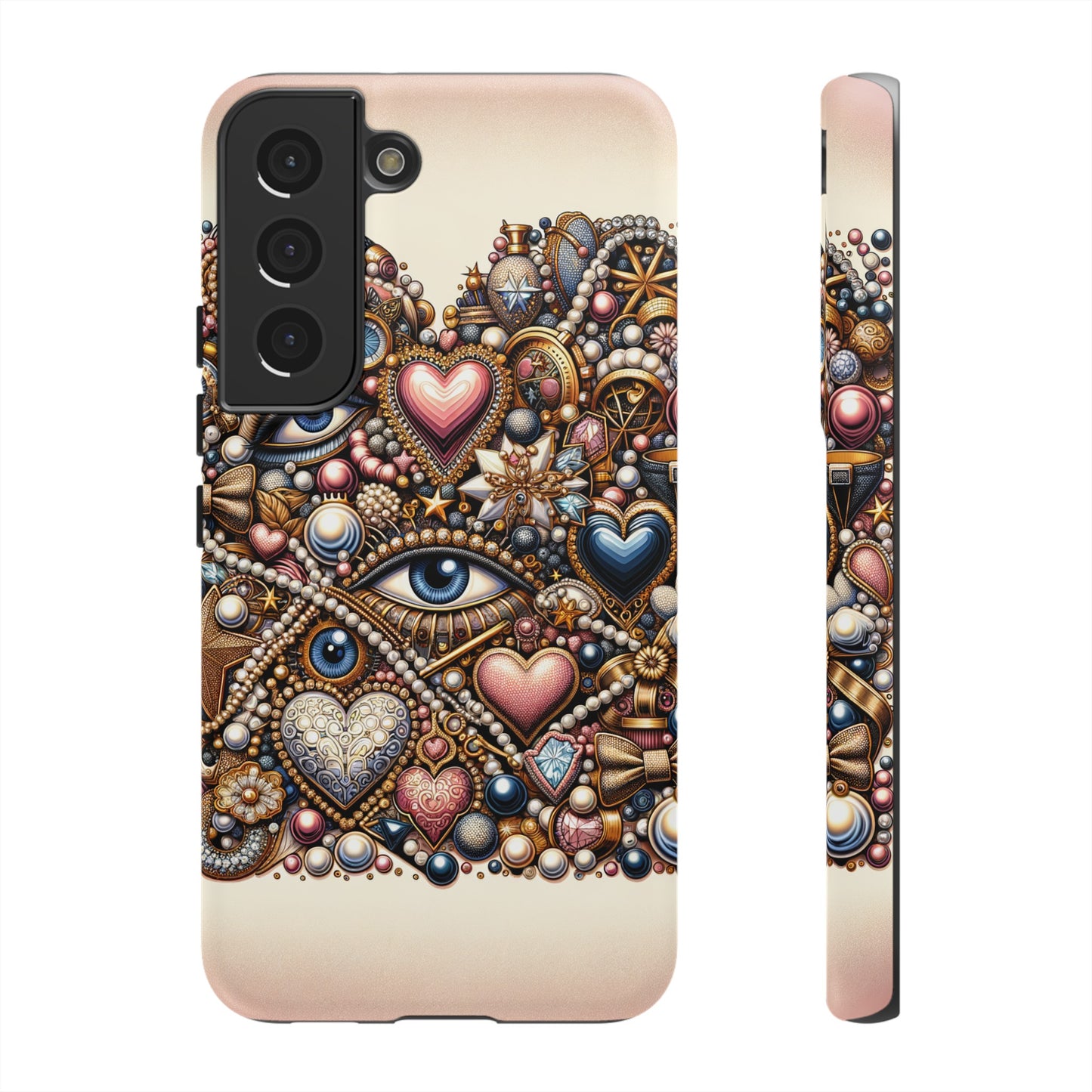 Whimsical Hearts Bows and Pearls Custom Phone Case with Gold Accents- Phone Case