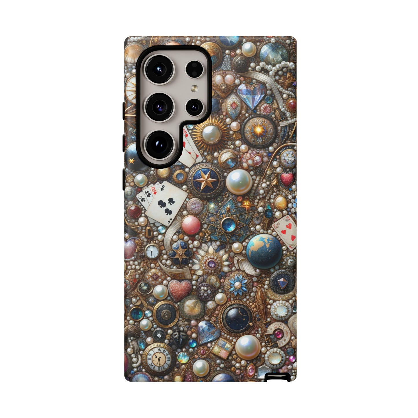 Celestial & Vintage Charms Mosaic Phone Case with Pearls and Gemstones- Phone Case