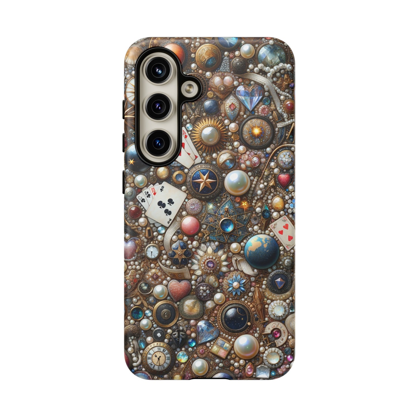 Celestial & Vintage Charms Mosaic Phone Case with Pearls and Gemstones- Phone Case