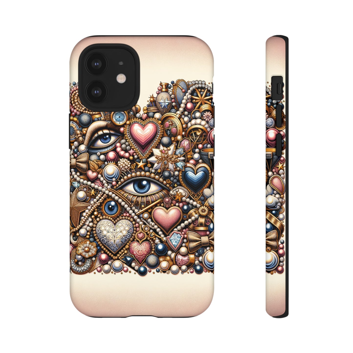 Whimsical Hearts Bows and Pearls Custom Phone Case with Gold Accents- Phone Case