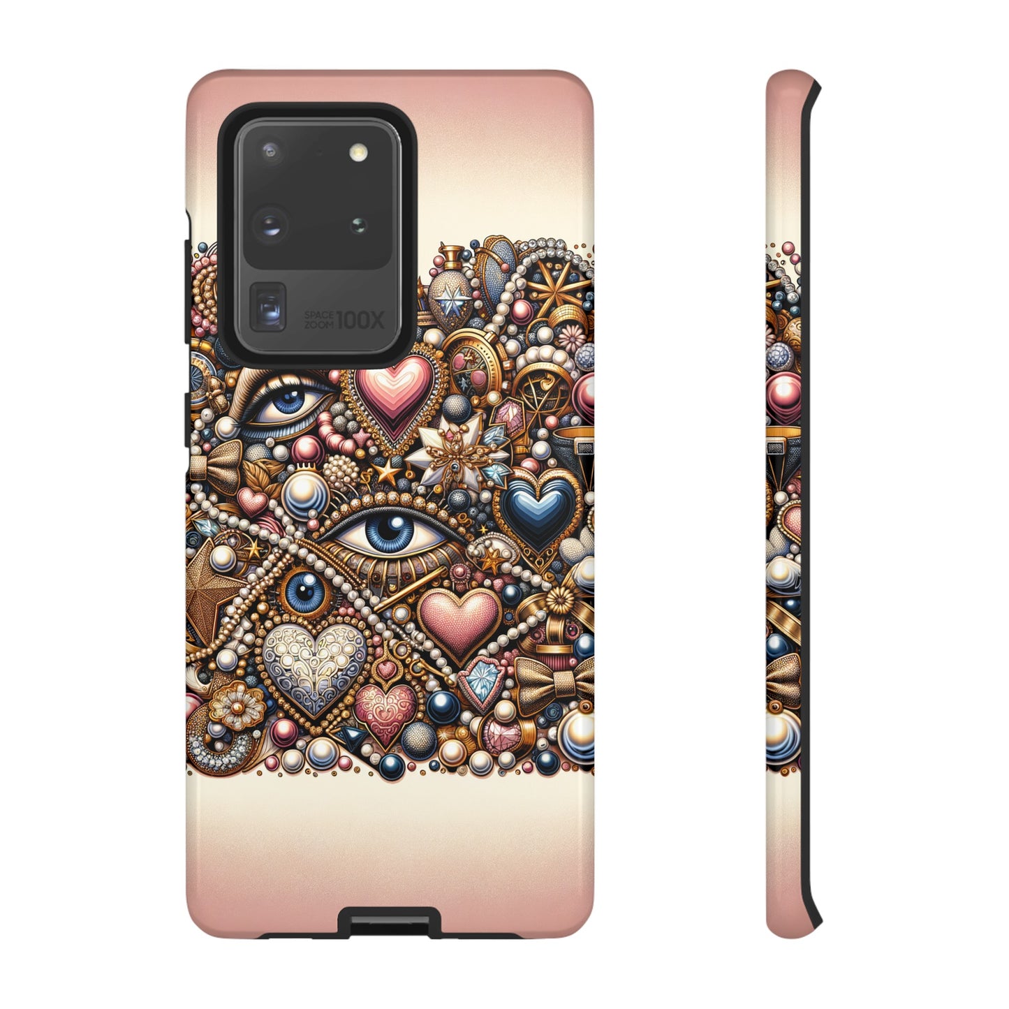 Whimsical Hearts Bows and Pearls Custom Phone Case with Gold Accents- Phone Case