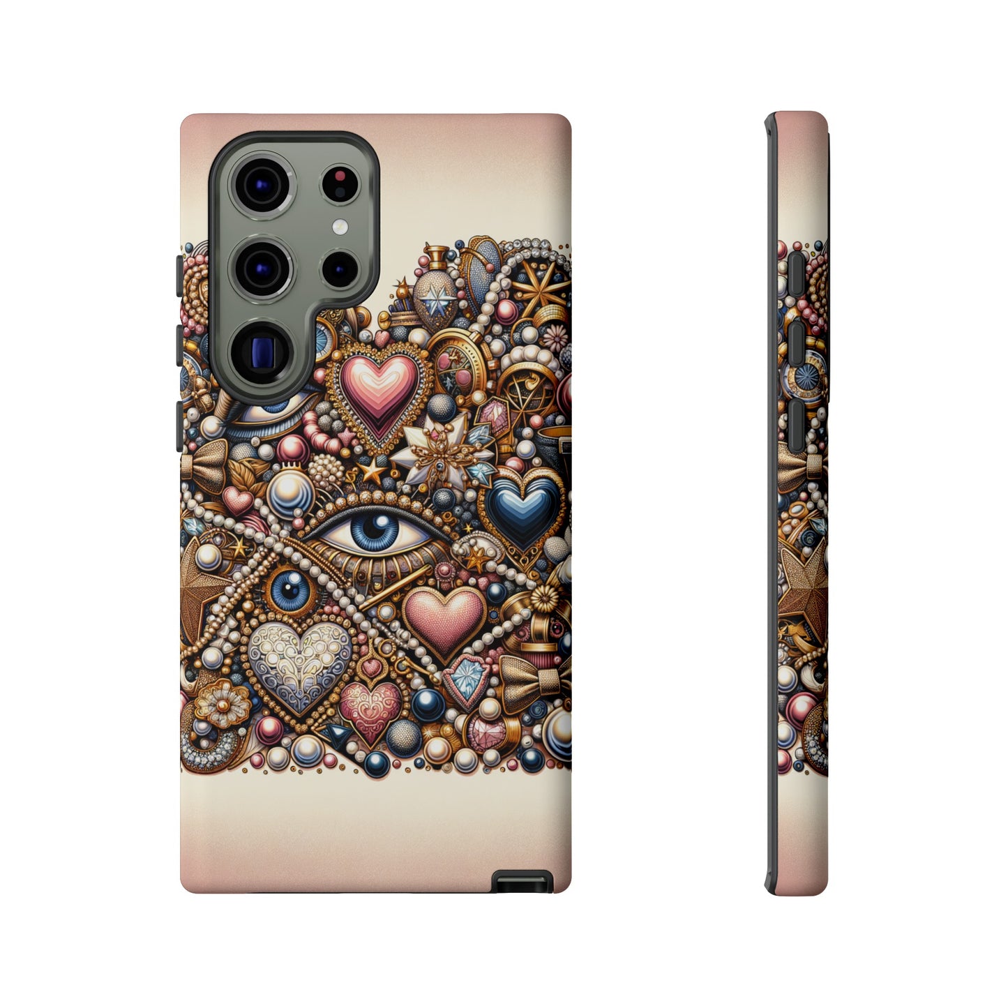 Whimsical Hearts Bows and Pearls Custom Phone Case with Gold Accents- Phone Case