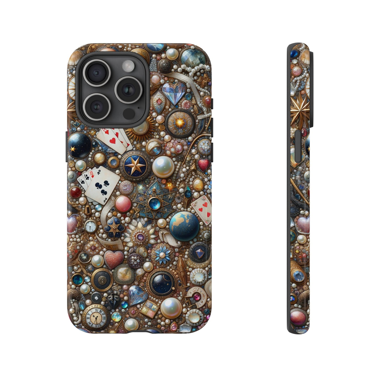 Celestial & Vintage Charms Mosaic Phone Case with Pearls and Gemstones- Phone Case