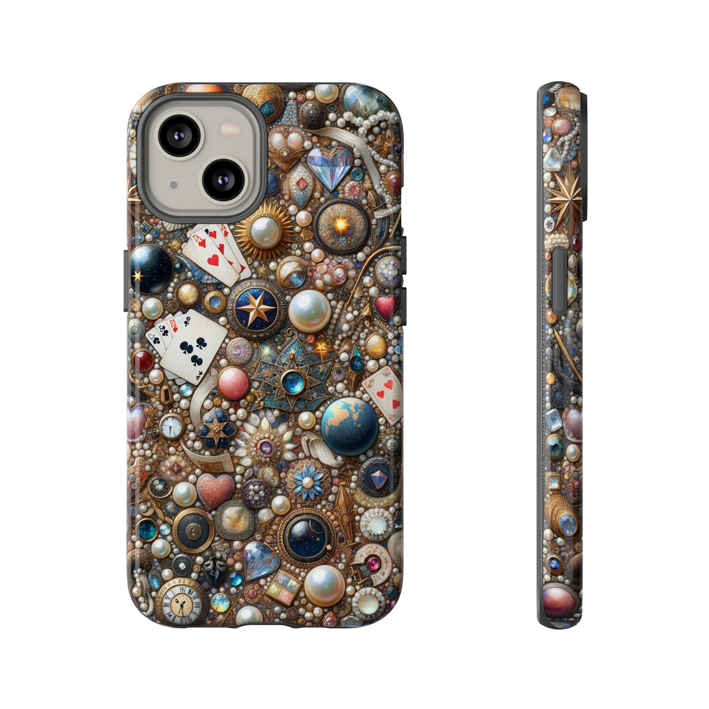 Celestial & Vintage Charms Mosaic Phone Case with Pearls and Gemstones- Phone Case