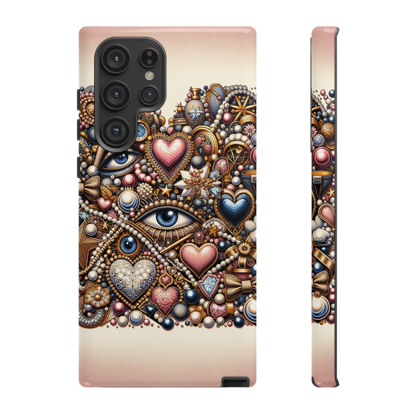 Whimsical Hearts Bows and Pearls Custom Phone Case with Gold Accents- Phone Case