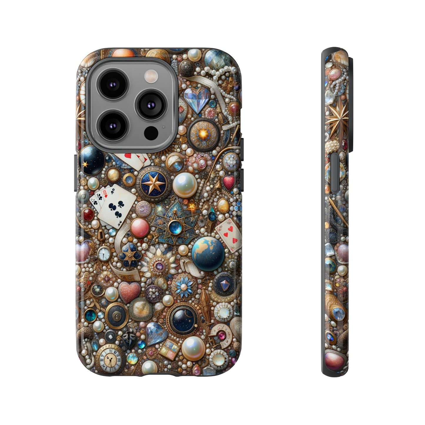 Celestial & Vintage Charms Mosaic Phone Case with Pearls and Gemstones- Phone Case