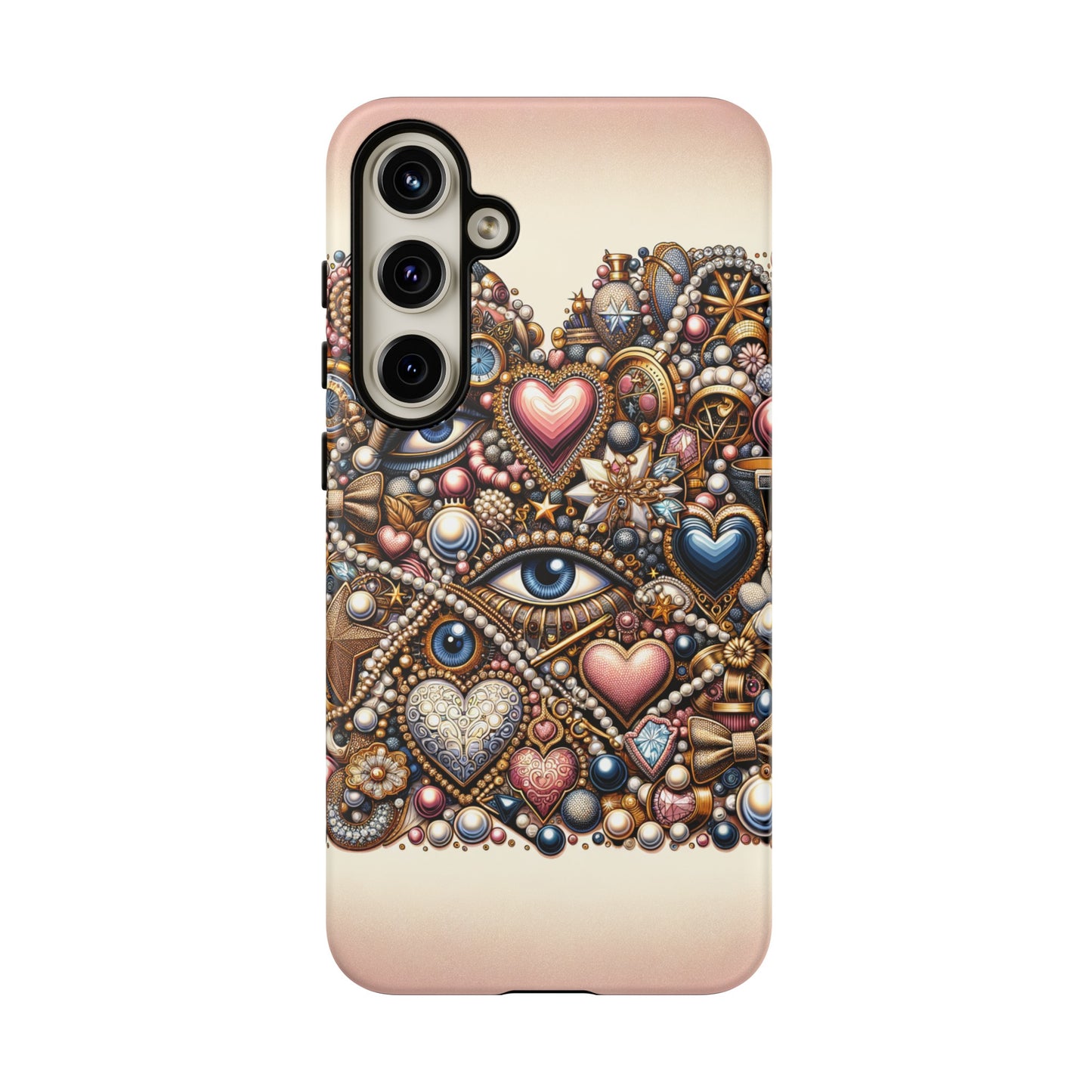 Whimsical Hearts Bows and Pearls Custom Phone Case with Gold Accents- Phone Case