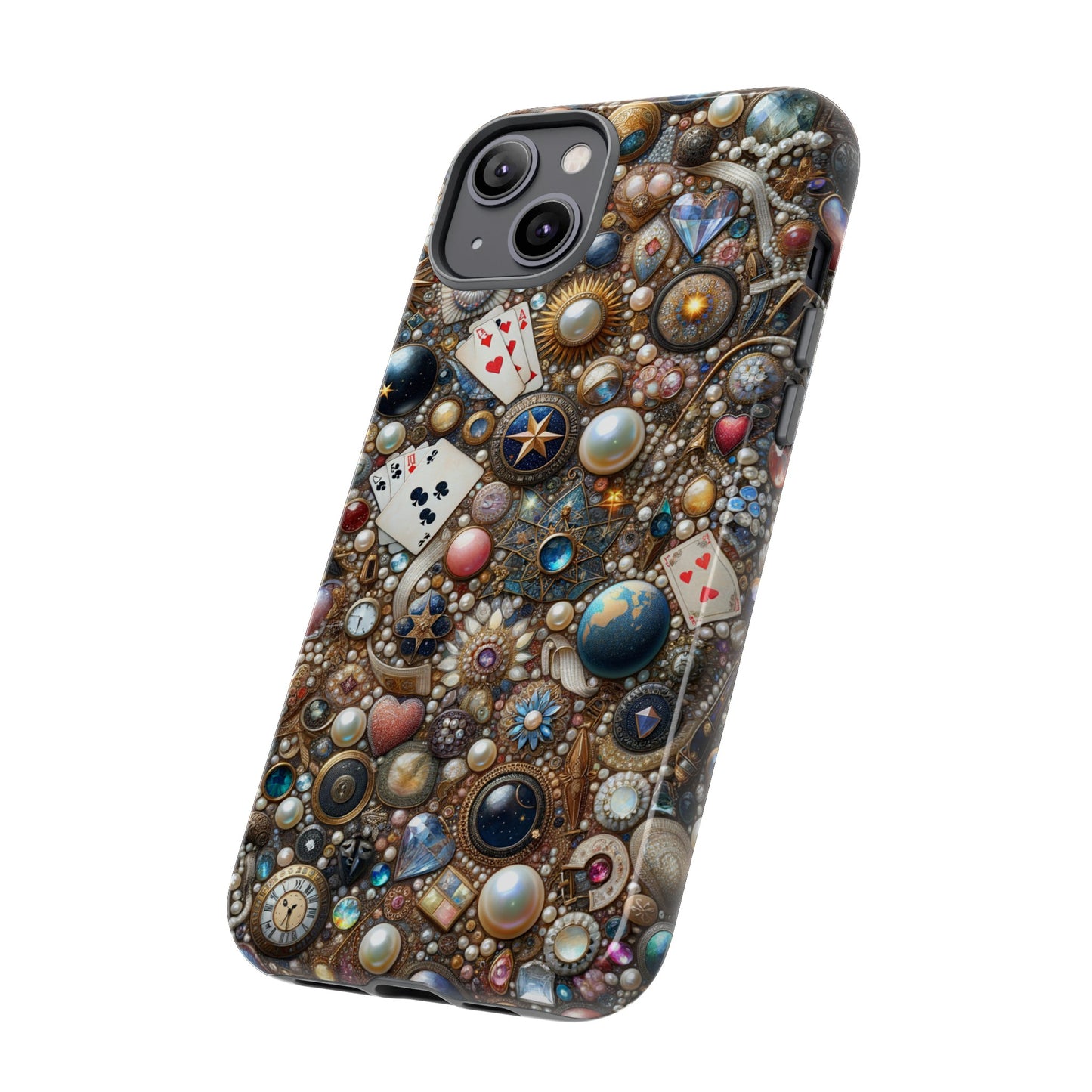 Celestial & Vintage Charms Mosaic Phone Case with Pearls and Gemstones- Phone Case