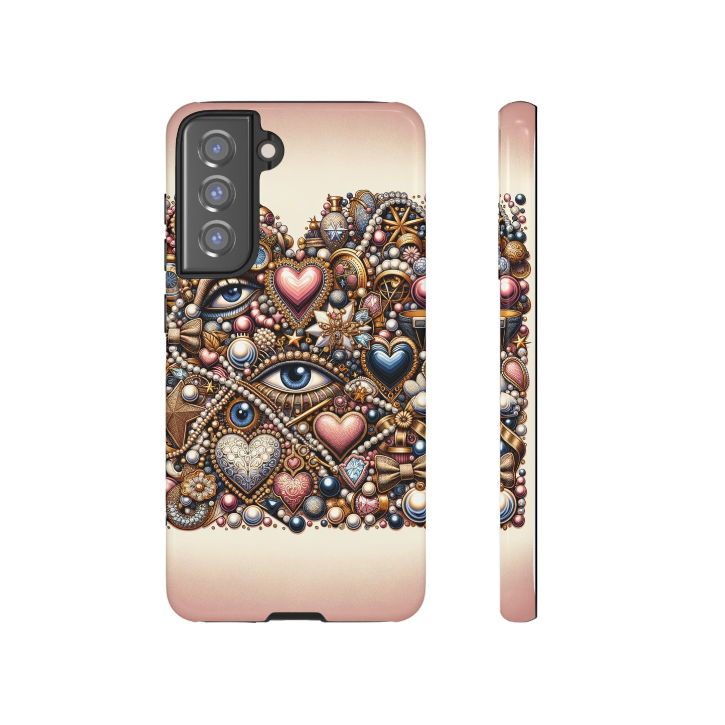 Whimsical Hearts Bows and Pearls Custom Phone Case with Gold Accents- Phone Case