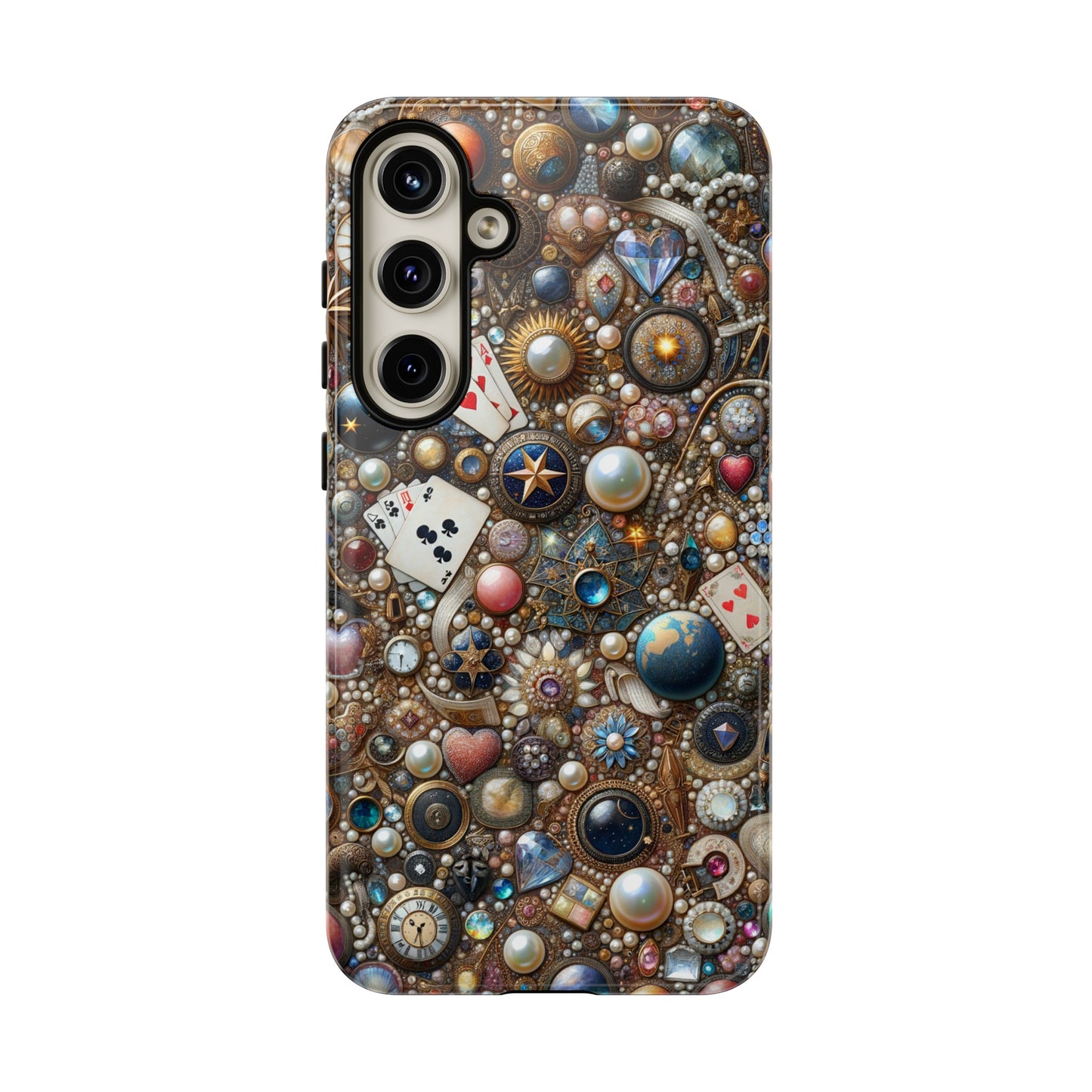 Celestial & Vintage Charms Mosaic Phone Case with Pearls and Gemstones- Phone Case