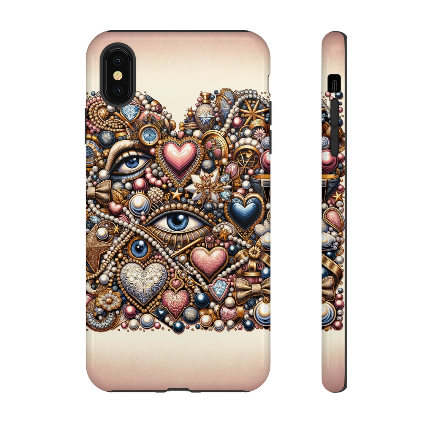 Whimsical Hearts Bows and Pearls Custom Phone Case with Gold Accents- Phone Case