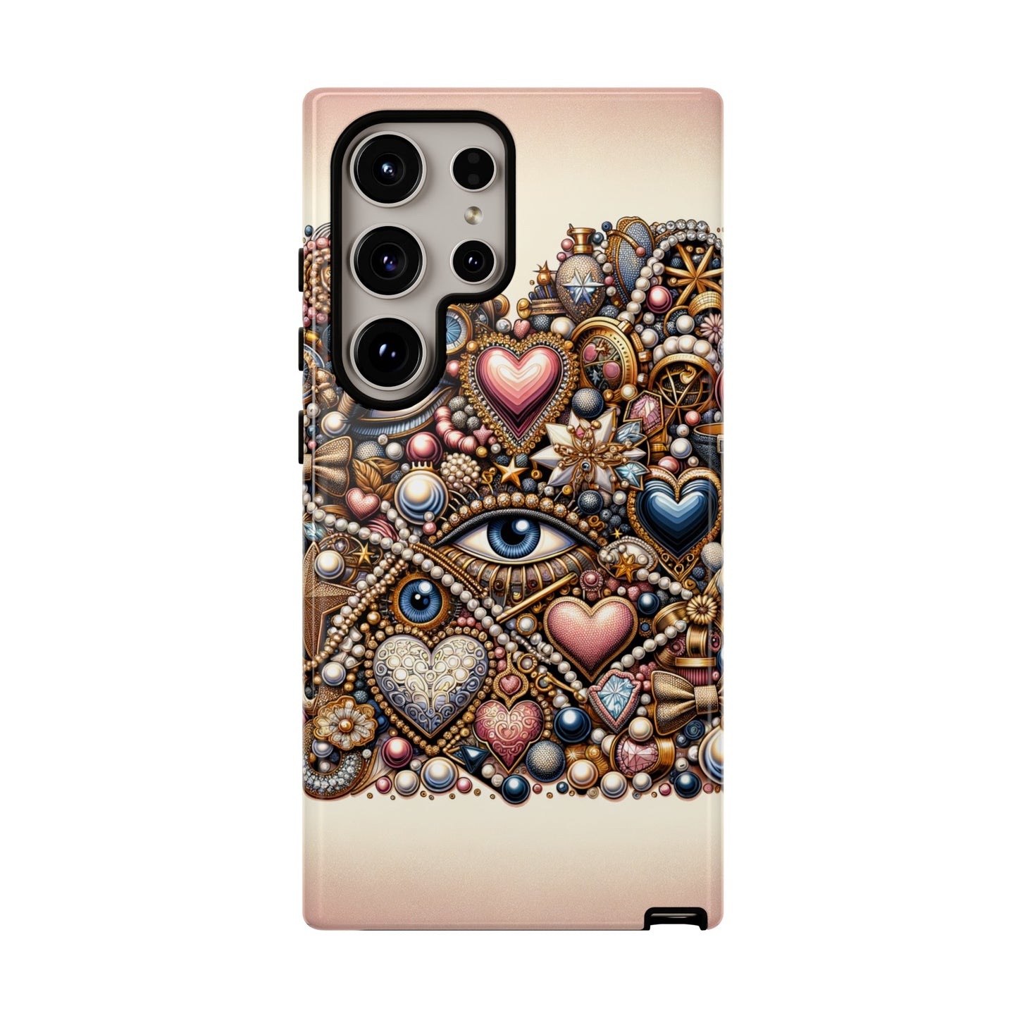 Whimsical Hearts Bows and Pearls Custom Phone Case with Gold Accents- Phone Case